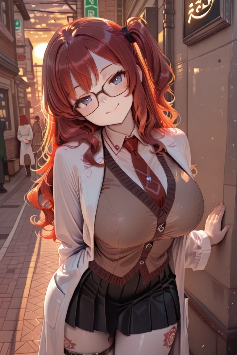 kusuriyakuzen,1girl,solo,semi-rimless eyewear,long hair,ponytail,antenna hair,red hair,hair intakes,blue eyes,green eyes,
white lab coat,long sleeves,green jewelry neck ribbon between cleavage,large breasts,navel,midriff,open white pink collared shirt,blue bra sweater under shirt,suspender dark pleated miniskirt,dark knee-high socks,black loafers,<lora:KusuriYakuzenV1-000004:0.8>,, Exquisite visuals, high-definition,masterpiece,best quality,Exquisite visuals,high-definition,masterpiece,best quality,18yo,Young female,Beautiful Fingers,Beautiful long legs,Beautiful body,Beautiful character design,