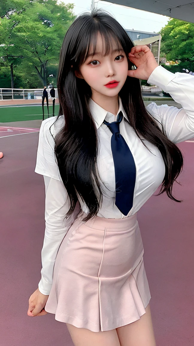 (1 Korean star with royal sister style), ((Best quality, 8K, 巨作: 1.3)), focal point: 1.2, Perfect body proportions: 1.4, (Make a smile), (Ray traching),Watery eyes, Highly Detailed Face and Skin Textur, Fine eyes, Double eyelids, Whitens the skin, (Black long straight: 1.3), (face round: 1.5), (JK school uniform: 1.4), (Lace view: 1.6),(Black over-the-knee stockings: 1.4),(JK style:1.4),(Extremely perfect legs)
