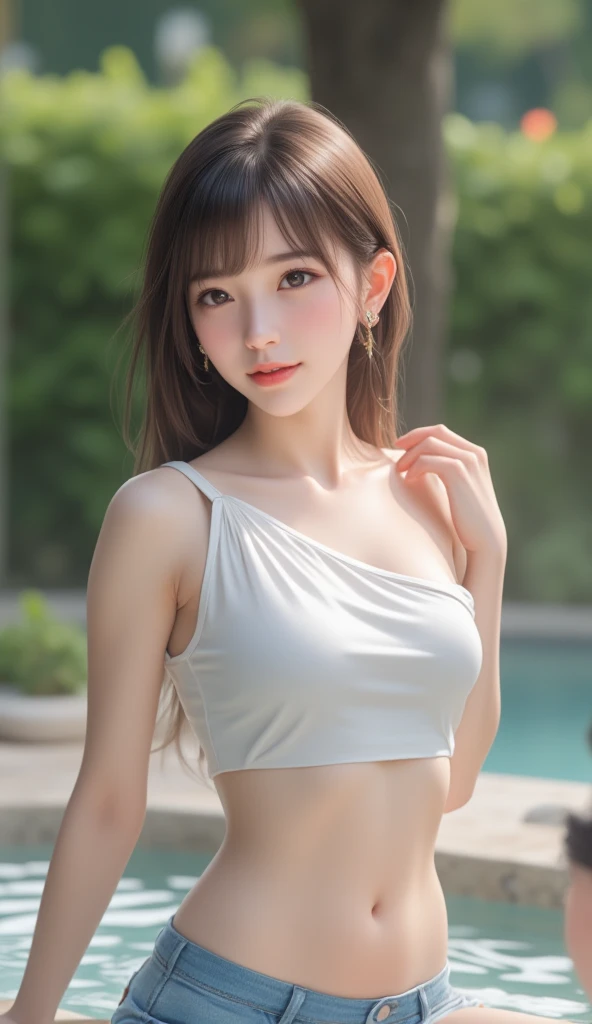 (Ultra HD), (Looking at me), (The whole body is shown), (White tank top, White low rise mini skirt), (Big Breasts:1.4), Super beautiful breasts, (Beautiful nipples, The nipple protrusion is visible through the clothes), slender, Narrow waist, (Thin legs:1.2), (Thin thighs:1.2), (Thin Hips:1.4), (Beautiful Skin, Shiny skin, White skin), (Super slim face, Super beautiful face, No makeup, Smile:0.6), (light brown, ponytail, Layered Cut, Fluffy hair), (double eyelid, Slanted Eyes), Small Nose, Thin lips, Are standing, In front of the school gate