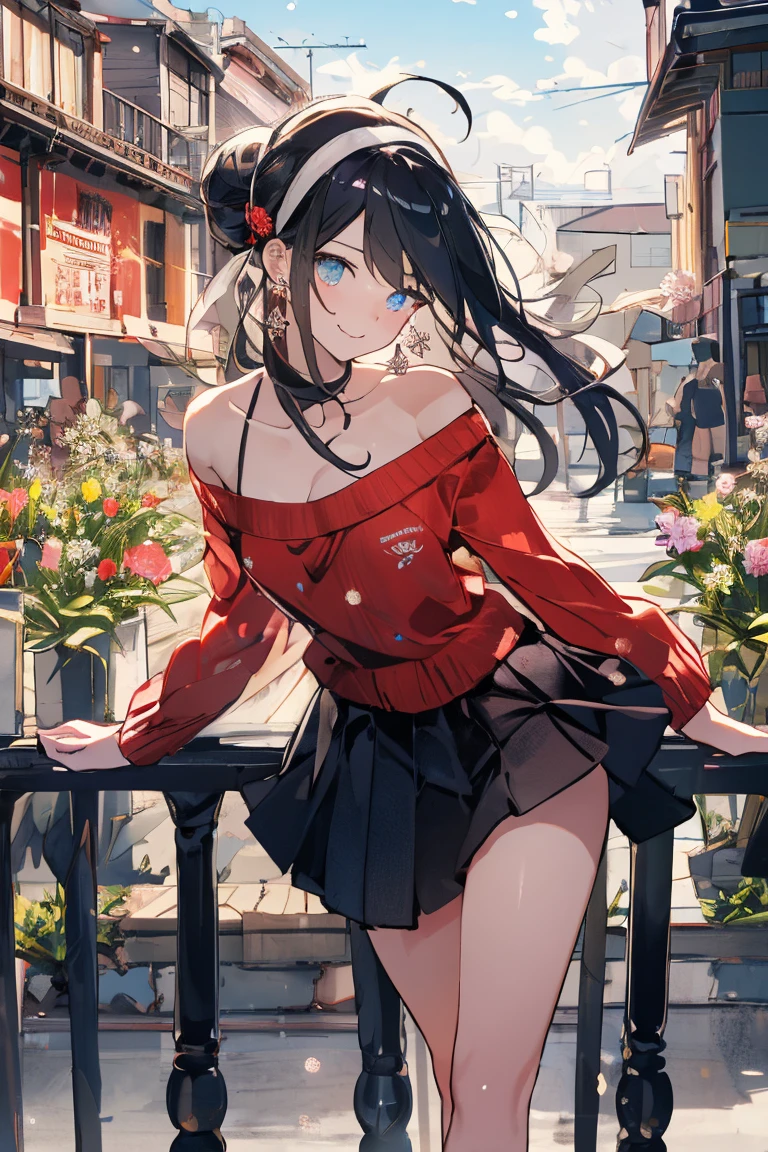 masterpiece, best quality, highres, hmmarnie, aqua eyes, huge breasts, hair flower, earrings, jewelry, halternec, navel, black cross top, small tight cross top, cowboy shot, standing on bridge, flowers, pastel background