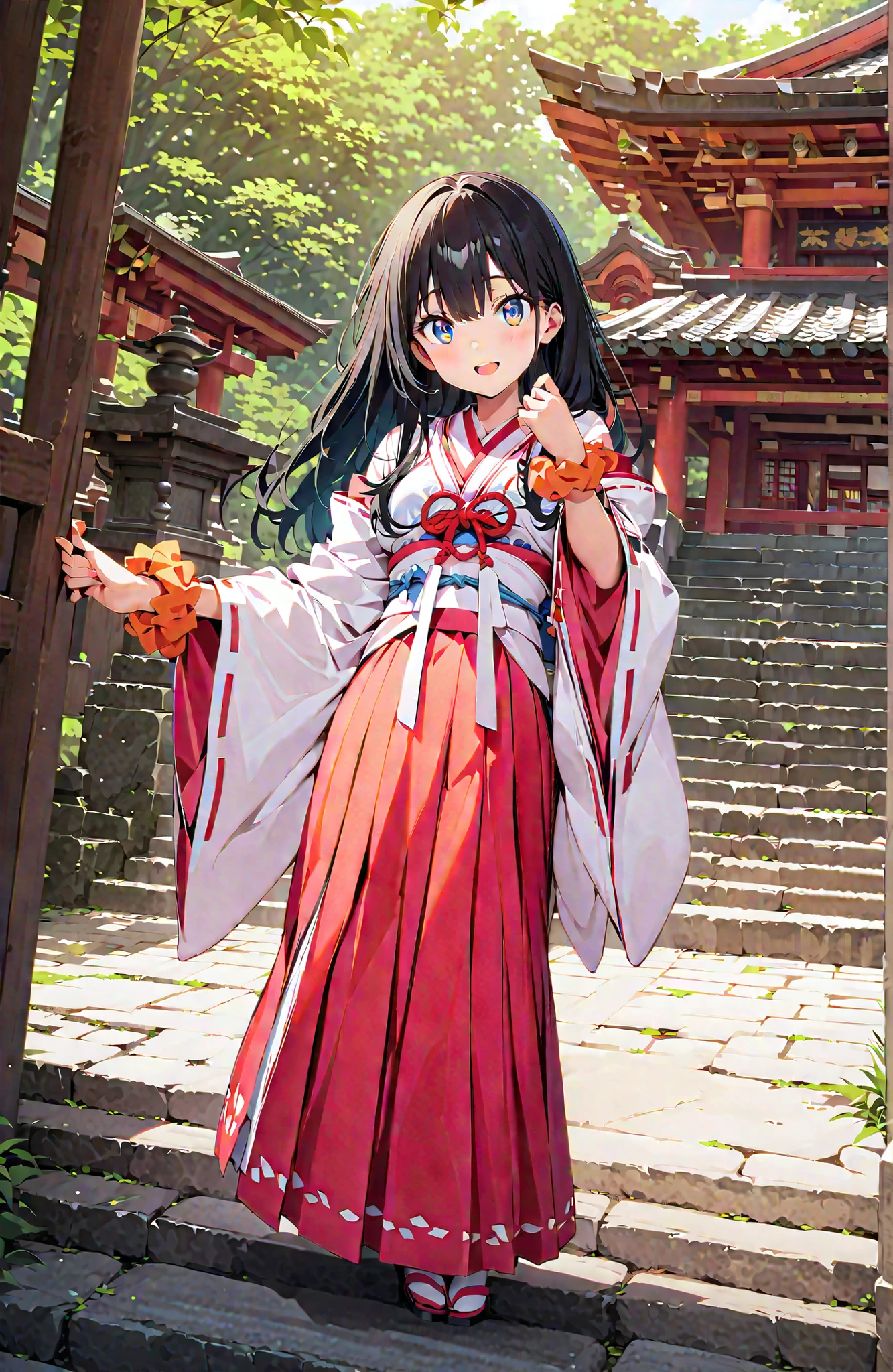 score_9, score_8_up, score_7_up, source_anime, It's because of Rikkata, black hair with a young pattern, blue eyes, long hair, orange scrunch, scrunchie, Wrist Scrunches , smile,cover,Open Your Mouth,Orange wrist scrunch, Shrine maiden, kimono, object, Red Hakama Skirt , Wide Sleeves, long sleeve, ribbon trim sleeve,Sandals, white socks, standing on a stone staircase,noon,full bodyがillustrationsに入るように,break outdoors, shrine,
break looking at viewer,full body,
break (masterpiece:1.2), Best Quality, high resolution, Unity 8k 壁紙, (illustrations:0.8), (beautiful detailed eyes:1.6), very detailed face, so that it fits into the illustration, Extremely Detailed CG, (perfect hand, perfect anatomy),