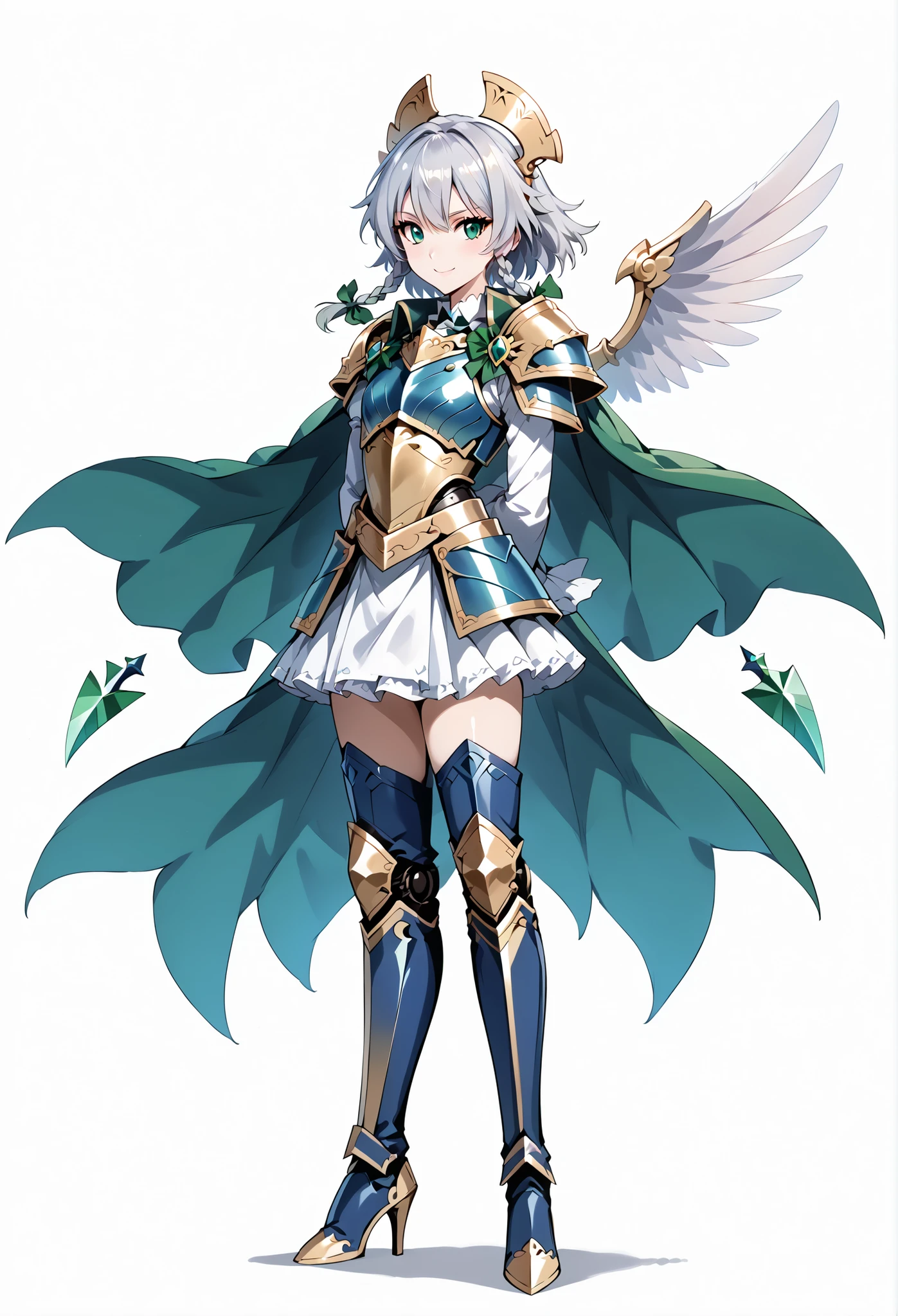 score_9, score_8_up, score_7_up, source_anime, 4K,perfect fingers,(perfect hands, perfect anatomy),prefect lighting, very aesthetic, intricate details,highly detailed background, masterpiece, high quality, best quality,
1girl,solo, izayoi_sakuya,silver hair, twin_braids ,Large Breast,
wearing ((gloves, long sleeves, wings, white gloves, armor, shoulder armor, breastplate, blue armor, Cape, armor, Androidization、Robotization, Handguard, Waist wrap skirt, breastplate, full armor, Thigh-heeled boots, Robot-like joints, )) ,,
smile, ((pale skin)), ((White plain background:1.5)) , looking at viewer, ((Arms Behind Back,:1.5)),
