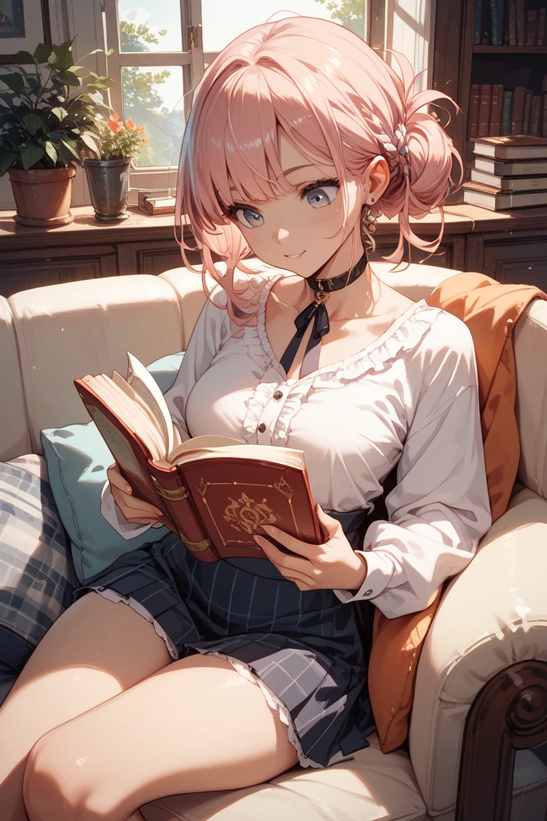 (Masterpiece, BestQuality:1.3), (ultra detailed:1.2), (hyperrealistic:1.3), (RAW photo:1.2), High detail RAW color photo, professional photograph, (Photorealistic:1.4), (realistic:1.4), (Pink Hair:1.5), professional lighting, perfect anatomy, (Big Breasts:1.2), (blush, detailed face), (A happy smile:1.7), sexly, erotic sexly, Random sexy gravure poses, (White blouse with blue pleated skirt、Black Loafers、Sexy pose while reading a book while sitting in a chair in a library。I see a little necklace。:1.3)