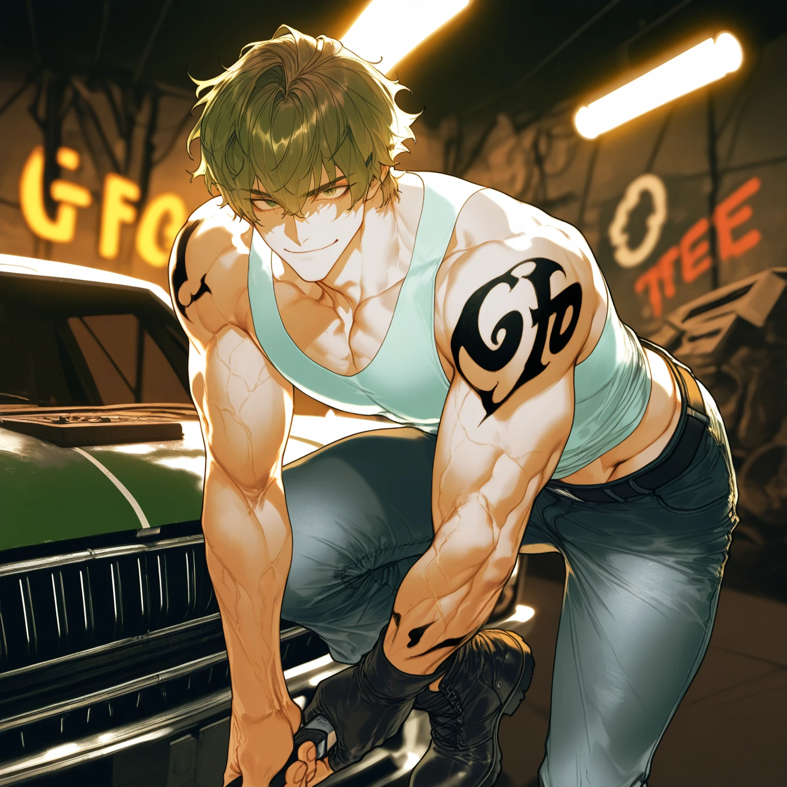 Young man, short blond hair, handsome face, tired expression, green eyes, large muscles, hyper pectoral, thick thigh, large butt. He's wearing a low-cut tank top, black pants, a backwards hat, and a silver chain around his neck, Big bulge. Scenery, party at night.