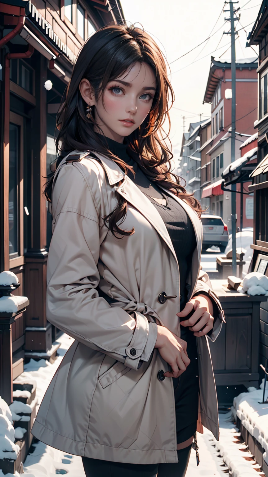 One person,Aqua Eye, bangs, black coat, chest, button, coat, Arms crossed,High resolution, large chest, Long Hair, View your viewers, 部分的にbuttonを外した, road, scarf, shirt, Short eyebrows, smile, alone, Are standing, street,Thick eyebrows, Upper Body, white shirt, From below