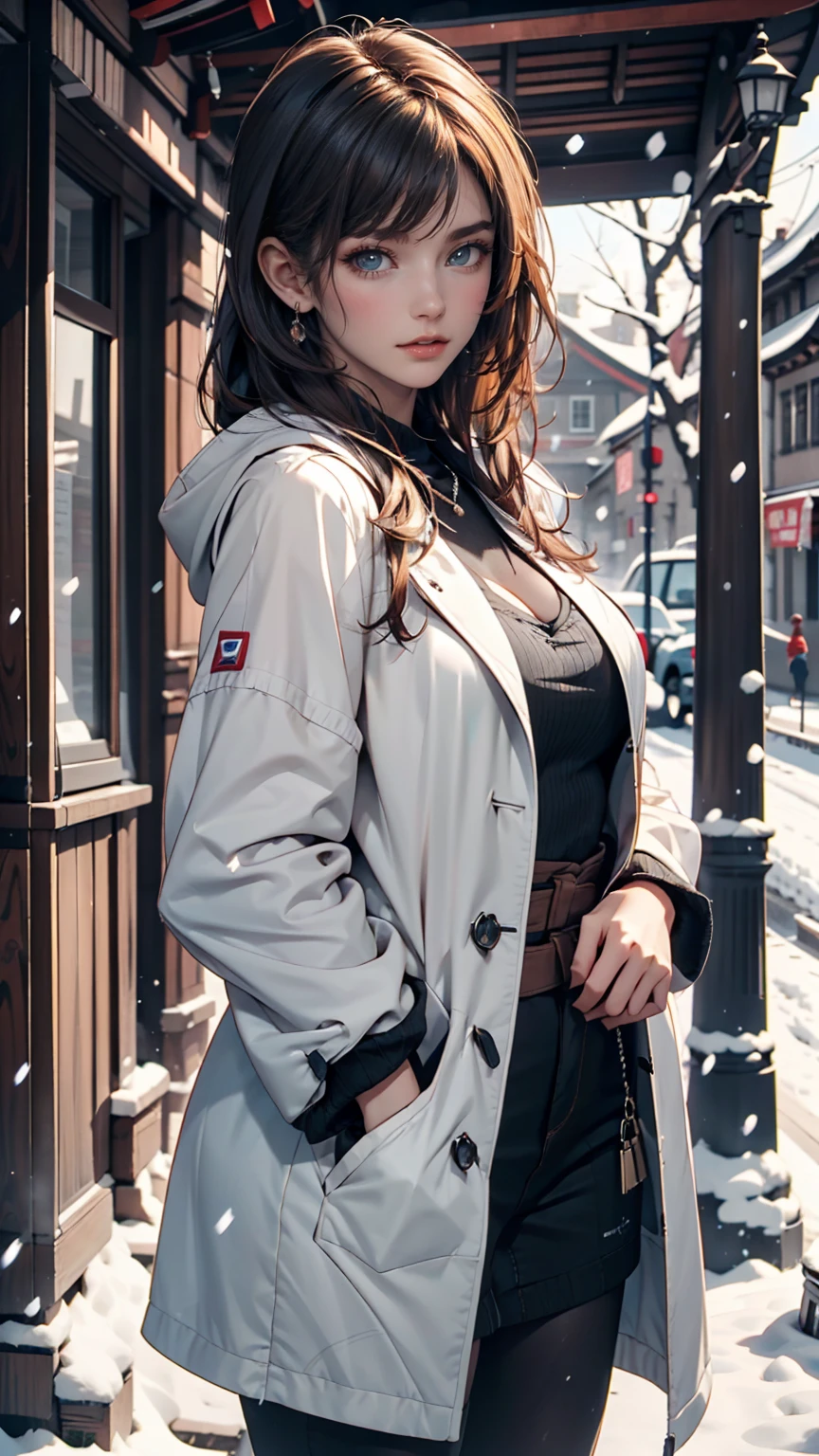 ((8K，tmasterpiece，Best quality at best，hyper-detailing，realistically))，Extremely detailed face，Movie Lighting，Movie Lighting，Ray traching，unlit hair， on a cloudy street，Corner store，Bus stop，Torrential rain and heavy rain，Girl with long black hair and black eyes.。(She was wearing a red fur-trimmed hooded jacket，White color blouse，Short black skirt and black garter belt，Clothes soaked by rain，Black exposure，outdoor depth tent ），Cinema lens lighting
