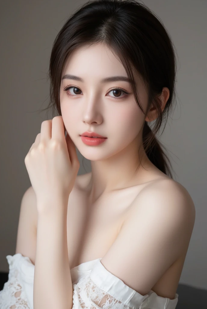 1woman, Updo hairstyle, (Ultra realistic, high res), (highly detailed eyes, highly detailed hair, highly detailed face, highly detailed plump lips), (off shoulder with open breasts), breasts, upper body, caute smile, (best quality:1.4), Raw photo, (realistic, photo-realistic:1.37), professional photography, cinematic light, (fine face: 1.2),