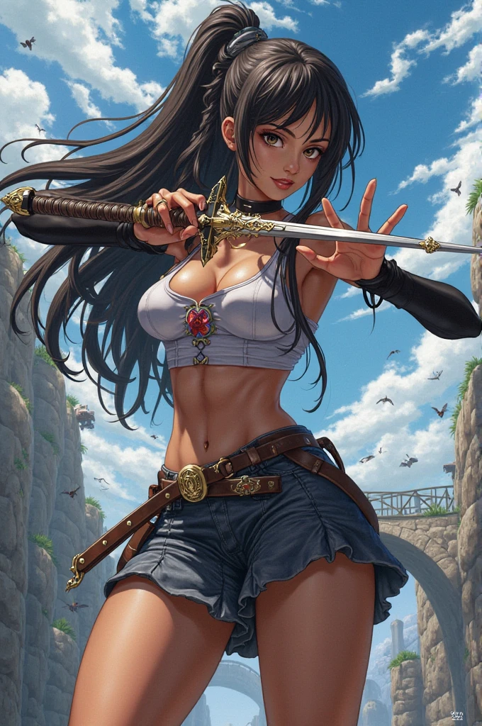 Kizi, in battle stance, standing backwards, a shiny katana (holding it by the handle), very long brown hair, blue colored eyes, skinny, big-ass, white loincloth (I'm in the shape of a t) with ropes, white lace thigh high stockings, cinematic light, Trees, waterfall, Chinese shrine, blue sky, white clouds, seminua, White-panties, quase nua, rear view, THREAD PANTIES