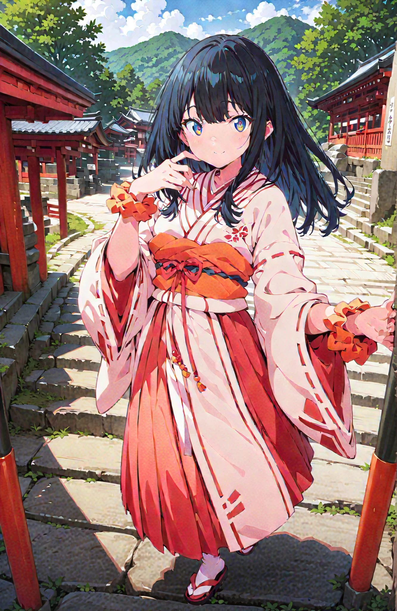 score_9, score_8_up, score_7_up, source_anime, It's because of Rikkata, black hair with a young pattern, blue eyes, long hair, orange scrunch, scrunchie, Wrist Scrunches , smile,cover,Open Your Mouth,Orange wrist scrunch, Shrine maiden, kimono, object, Red Hakama Skirt , Wide Sleeves, long sleeve, ribbon trim sleeve,Sandals, white socks, standing on a stone staircase,noon,full bodyがillustrationsに入るように,break outdoors, shrine,
break looking at viewer,full body,
break (masterpiece:1.2), Best Quality, high resolution, Unity 8k 壁紙, (illustrations:0.8), (beautiful detailed eyes:1.6), very detailed face, so that it fits into the illustration, Extremely Detailed CG, (perfect hand, perfect anatomy),