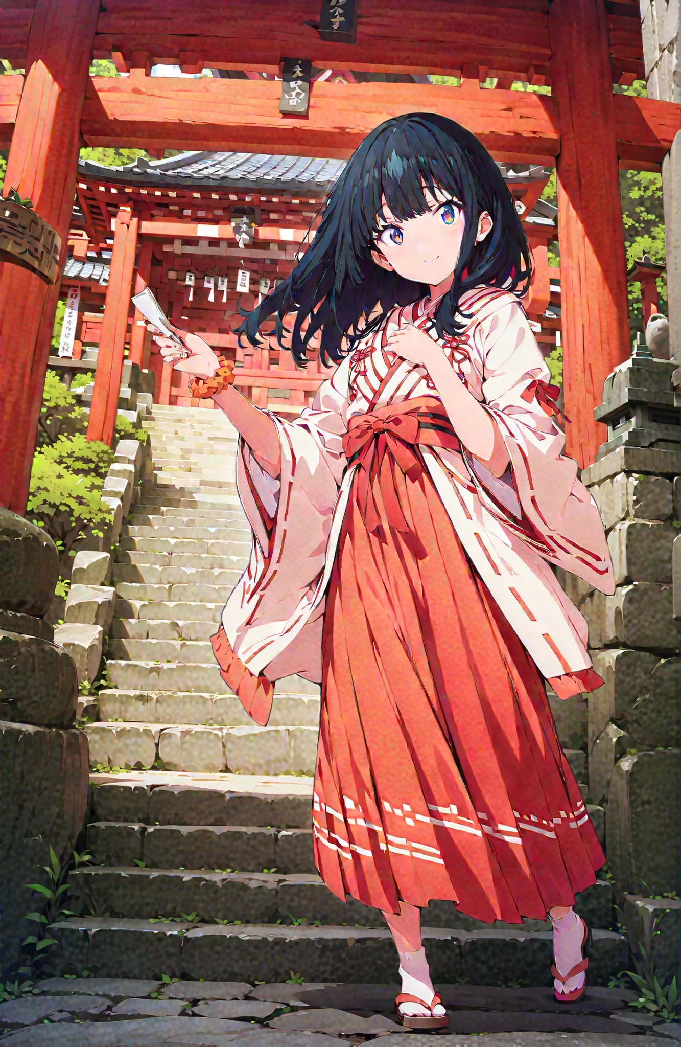 score_9, score_8_up, score_7_up, source_anime, It's because of Rikkata, black hair with a young pattern, blue eyes, long hair, orange scrunch, scrunchie, Wrist Scrunches , smile,cover,Open Your Mouth,Orange wrist scrunch, Shrine maiden, kimono, object, Red Hakama Skirt , Wide Sleeves, long sleeve, ribbon trim sleeve,Sandals, white socks, standing on a stone staircase,noon,full bodyがillustrationsに入るように,break outdoors, shrine,
break looking at viewer,full body,
break (masterpiece:1.2), Best Quality, high resolution, Unity 8k 壁紙, (illustrations:0.8), (beautiful detailed eyes:1.6), very detailed face, so that it fits into the illustration, Extremely Detailed CG, (perfect hand, perfect anatomy),