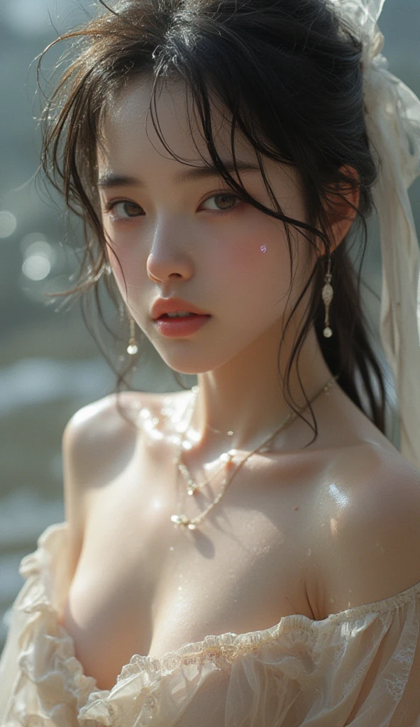 A mystical and ethereal scene with stars, flowers, nature, Falling Rain, etc.. It is all made up of light and luminance., (best quality, 4K,8k, high resolution, masterpiece:1.2), (Extreme upper body close-up angle), very detailed (realistic) , realistic, realistic):1.37),movie lights,dramatic atmospheric lighting,vivid colors,fancy,초realistic,luminous,dreamlike,ethereal,magical,convoluted details,lush vegetation,quiet,feeble,convoluted,elegant,soft focus ,feels like a movie, dramatic, great composition