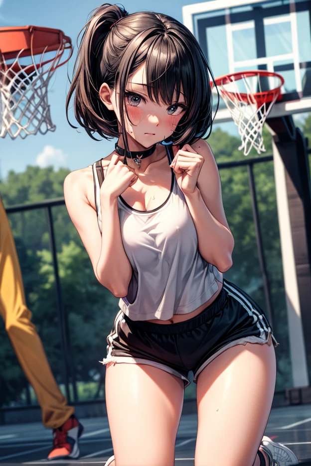 imagem realista, imagem coerente, imagem detalhada, 1 elfa corpo brozeado bonito. Ela tem cabelo preto, cabelo longo e sedoso. her eyes are violet, long eyelashes. Your face is oval and delicate. She is wearing a sleeveless shirt, mostrando o umbigo, shorts esportivos rasgados, tennis. She has a curvy body, seios (medium or large), coxas grossas. ela posa sexy. walking with hands behind your back. fundo urbano, surrounded by trees. natural lighting, volumetric lighting