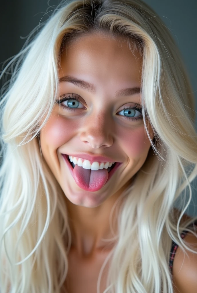 Beautiful, white younger teen, kneeling on carpet, long hair, mouth very wide open and happy, wearing very short skirt, ((top down view))