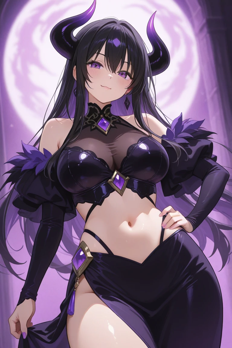 Anime, a glamour shot of a smiling Akeno Himejima (extremely long Purple hair in a high ponytail), enormous breasts, big ass, Sitting demurely with her legs crossed on her bed, leaning toward the viewer, cowgirl, with Smokey eyes and knowing smile, insanely detailed face and eyes, intricate, hyper-detailed bedroom, digital illustration, masterpiece, beautiful eyes, atmospheric lighting, centered, perfect anatomy, glowing eyes, candid portrait, clear, very detailed, smooth, sharp focus, focused on the viewer