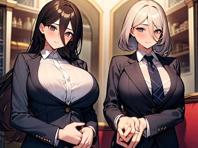 (best quality:1.2), beautiful, perfect eyes, perfect face, 1girl, solo, dark skin female, muscular female, white hair, business suit, pencil skirt, black pantyhose, cowboy shot,