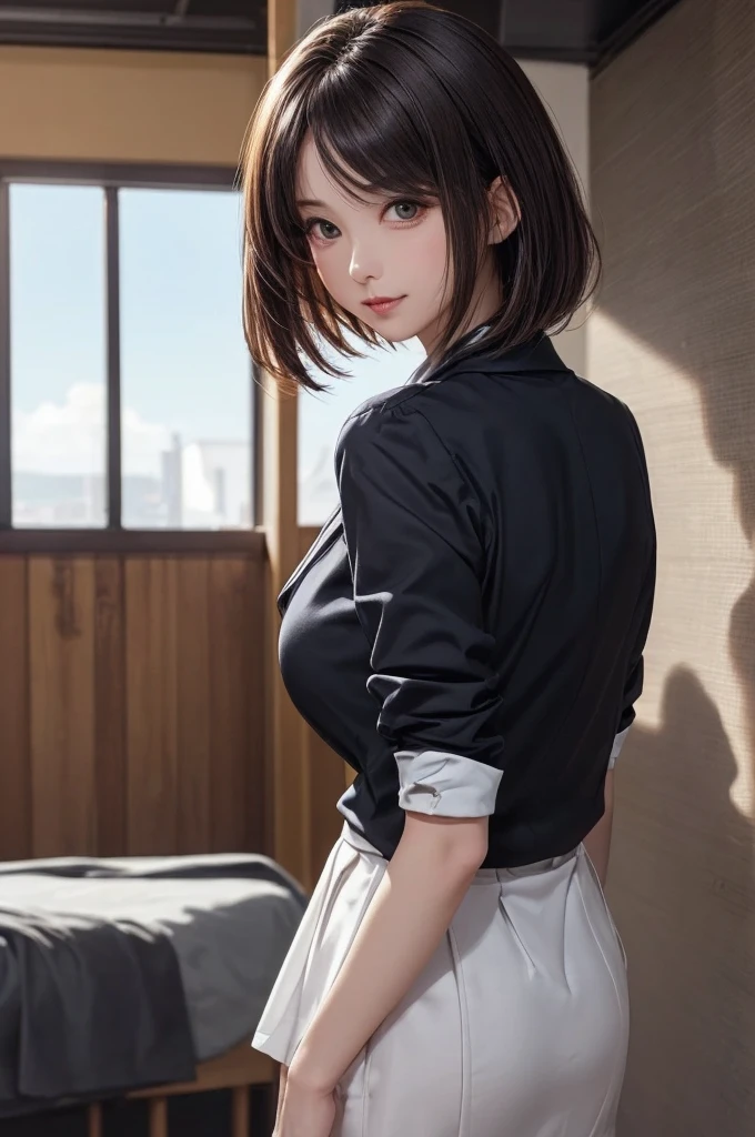tmasterpiece，best qualtiy，ultra - detailed，illustratio，epic lighting，cinematic compositions，isometry，1girll，独奏，adolable，with brown eye，Black color hair，sweeping bangs，single hair，red hair clips，blouse with a white collar，black necktie，Black panty，formal，a captivating gaze，captivating posture，inside in room，office room，doors，Open the door，looking at viewert，peeking out upper body，Be red in the face，seduct smile，Shut your mouth，(8K:1.1),