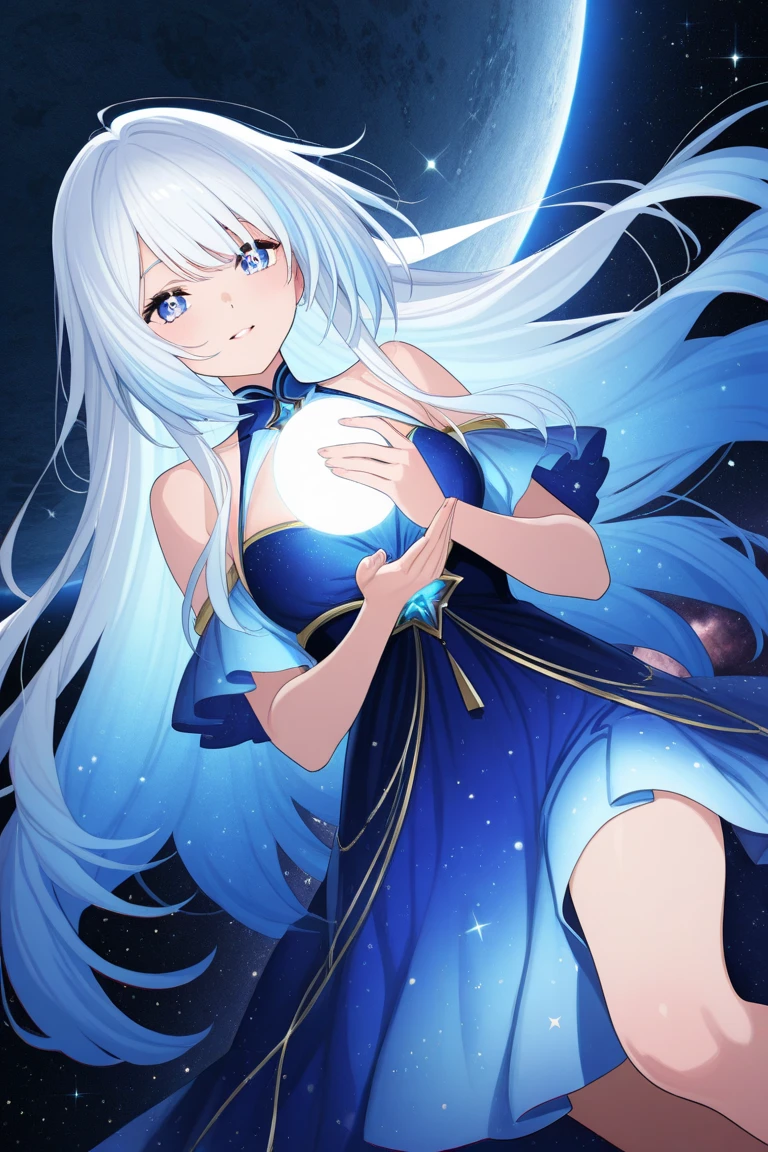 Naked and wearing a magical robe、Big are visible、Pure white magic robe、Cute frilly light blue underwear、barefoot、Magic wand