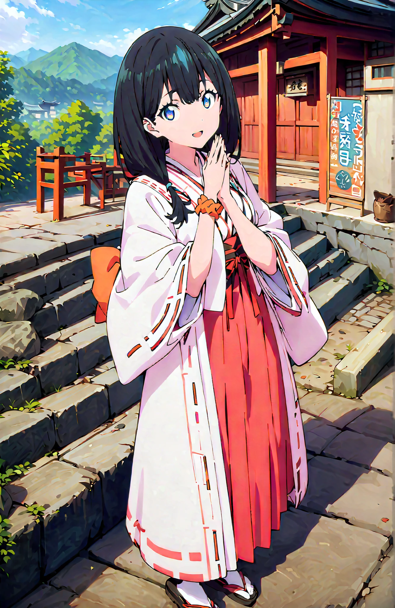 score_9, score_8_up, score_7_up, source_anime, It's because of Rikkata, black hair with a young pattern, blue eyes, long hair, orange scrunch, scrunchie, Wrist Scrunches , smile,cover,Open Your Mouth,Orange wrist scrunch, Shrine maiden, kimono, object, Red Hakama Skirt , Wide Sleeves, long sleeve, ribbon trim sleeve,Sandals, white socks, standing on a stone staircase,noon,full bodyがillustrationsに入るように,break outdoors, shrine,
break looking at viewer,full body,
break (masterpiece:1.2), Best Quality, high resolution, Unity 8k 壁紙, (illustrations:0.8), (beautiful detailed eyes:1.6), very detailed face, so that it fits into the illustration, Extremely Detailed CG, (perfect hand, perfect anatomy),