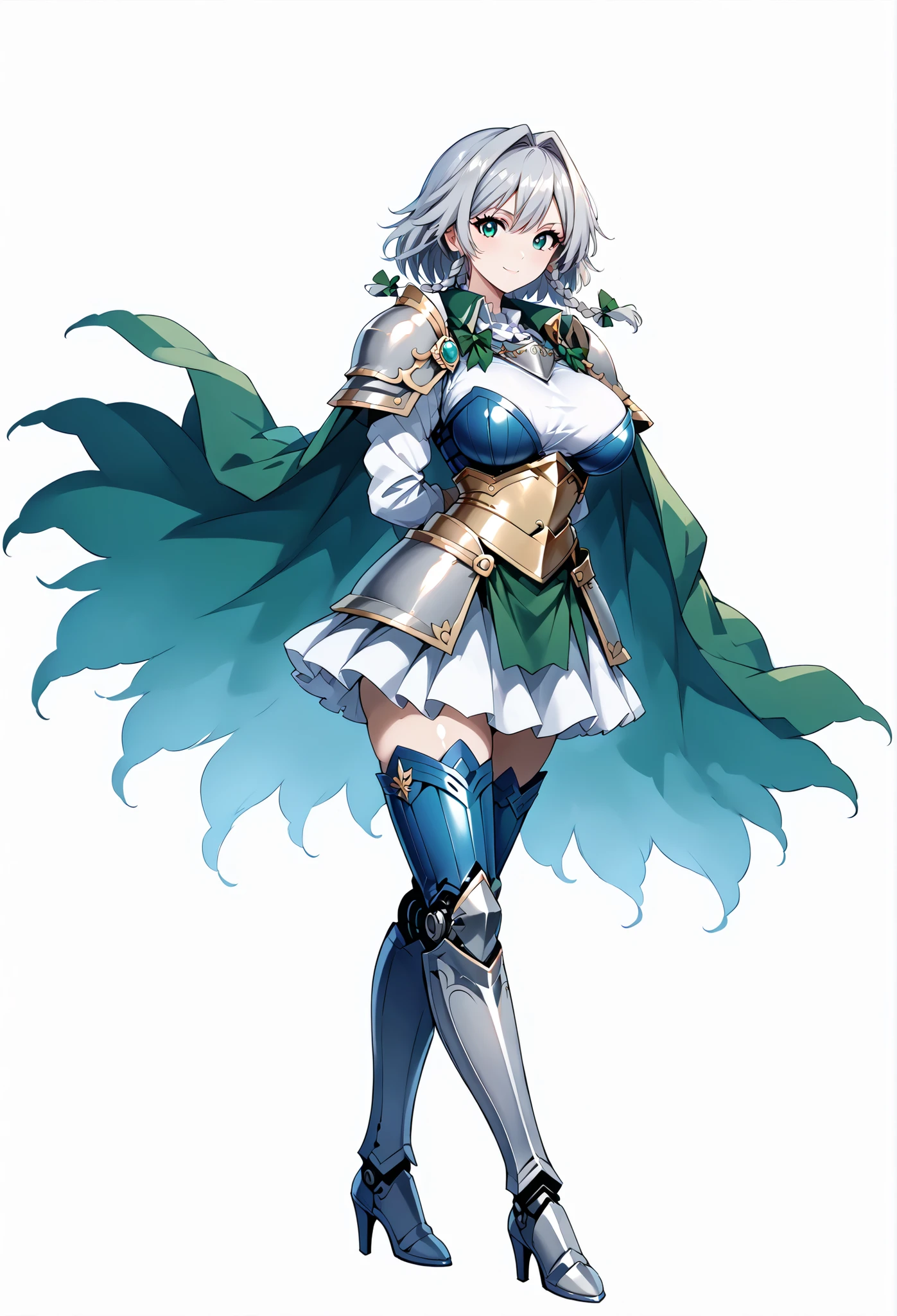 score_9, score_8_up, score_7_up, source_anime, 4K,perfect fingers,(perfect hands, perfect anatomy),prefect lighting, very aesthetic, intricate details,highly detailed background, masterpiece, high quality, best quality,
1girl,solo, izayoi_sakuya,silver hair, twin_braids ,((Large Breast:1.5)),
wearing ((gloves, long sleeves, wings, white gloves, armor, shoulder armor, breastplate, blue armor, Cape, armor, Androidization、Robotization, Handguard, Waist wrap skirt, breastplate, full armor, Thigh-heeled boots, Robot-like joints, Anatomically correct mechanical body, )) ,,
smile, ((pale skin)), ((White plain background:1.5)) , looking at viewer, ((Arms Behind Back,:1.5)),