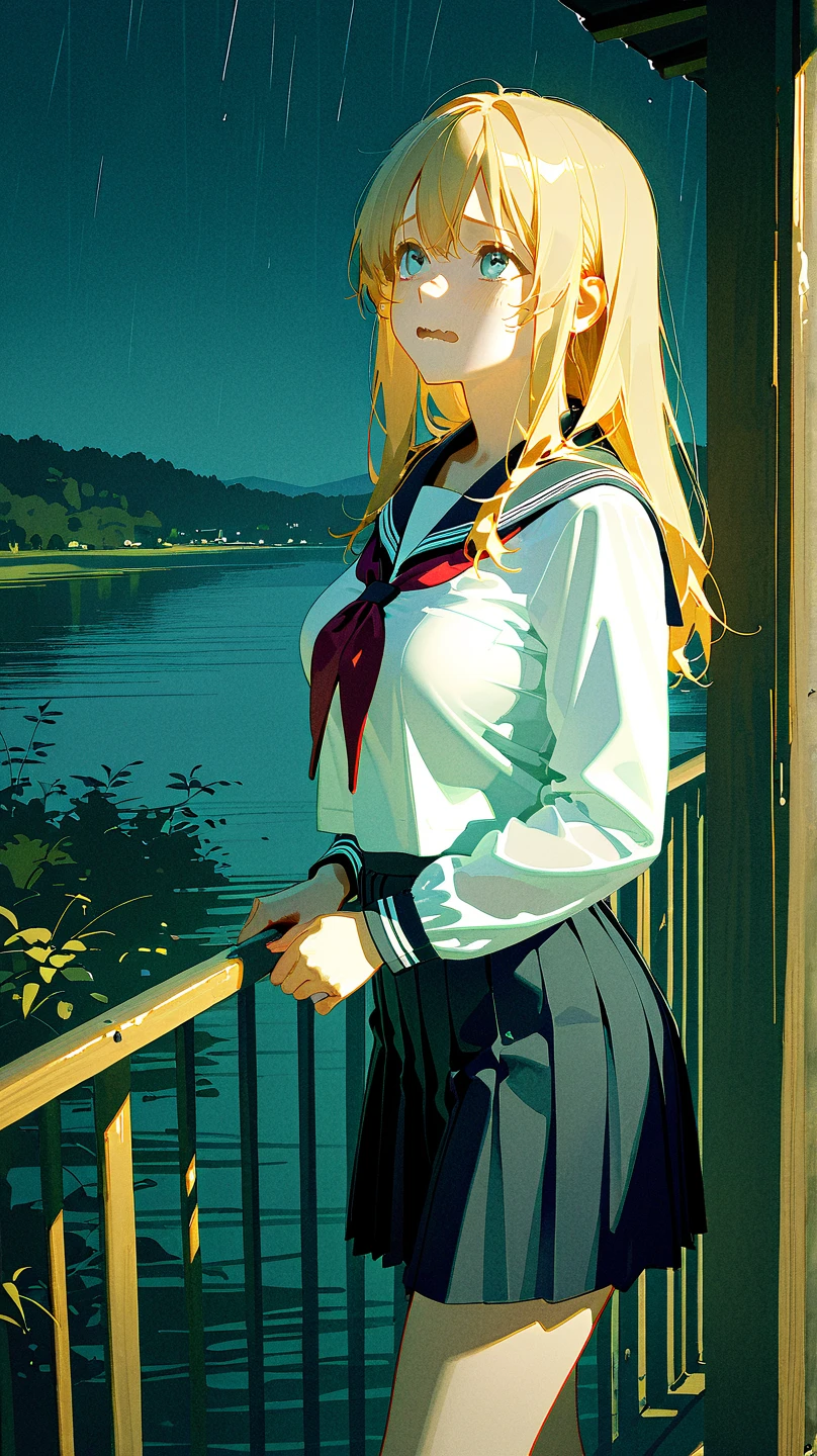 Beautiful blonde Asian girl sitting in a restaurant at night,, Visible from the window, Perfect Face, sunglasses, Smoking white Taylormade cigarettes, Neon Black, (Backlit: 1.1), Hard Shadows, masterpiece, Highest quality, Complex, Model shooting style, Vintage, Film Grain, Incomplete details,Sailor suit