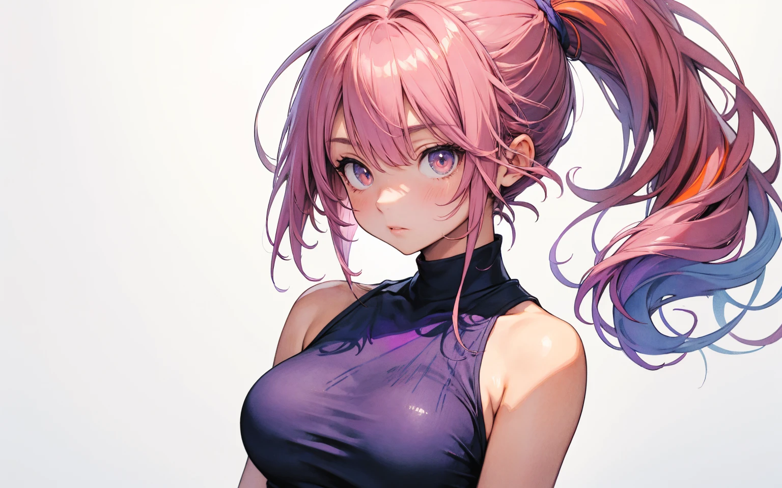 Jibril, (standing), blushed, perfect anatomy, detailed eyes, detailed lips, extremely detailed eyes and face, vivid colors, sharp focus, masterpiece:1.2, ultra-detailed, blushed, ((doggystyle)), (solo), ((tie)), sleeveless, ((((ponytail)))), (((disdain, disgust))).