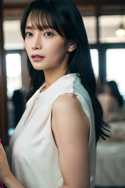 (((One girl,alone))),(Highly realistic photos, High resolution, Detailed face, Beautiful Eyes) Japanese women, 21 years old, Cute face, alone:1, Nice body, Plump figure, Medium chest, ,Hairstyle, Very closely tied, Take a photo book,Dark Sky、darkness、Blade Runner,shirt、Leg spread,Healthy Body,smile