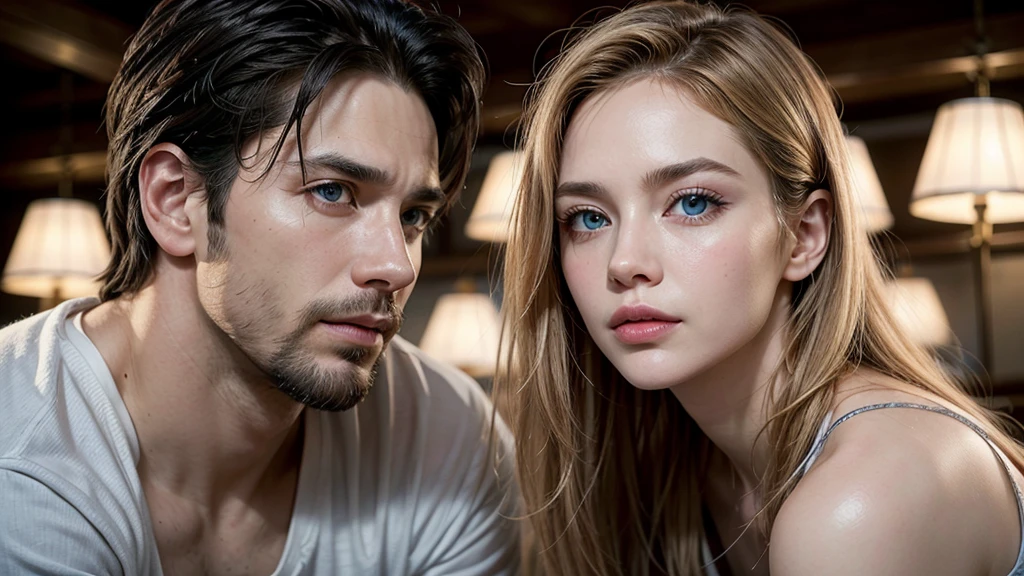 The guy is blonde not the girl and the girl has tanned skin, she has dark brown eyes and the man has blonde hair and ocean blue eyes