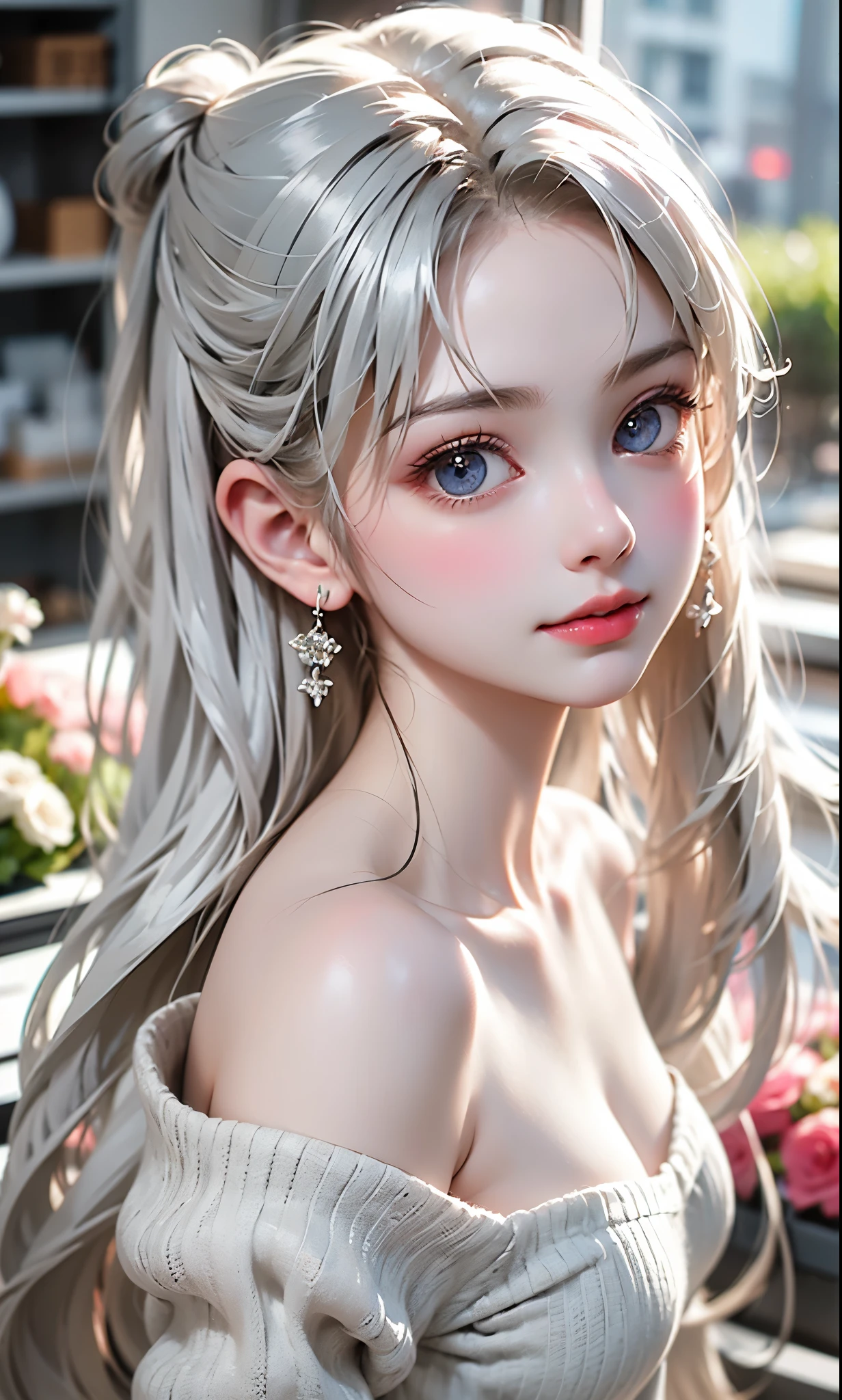 Black and White Color Schemes , Sexy Girl Working At A Flower Shop ,beautiful , small,Silvery Curly Hair、portrait、from the side