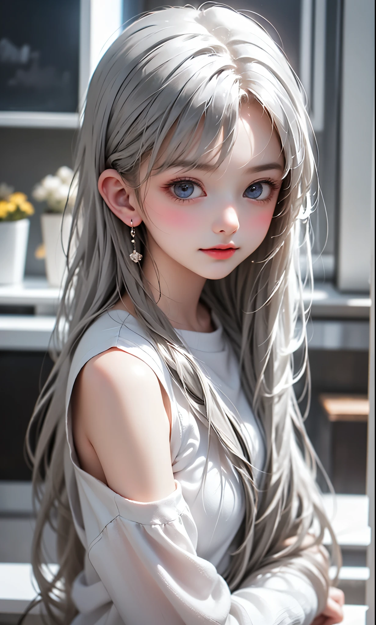 Black and White Color Schemes , Sexy Girl Working At A Flower Shop ,beautiful , small,Silvery Curly Hair、portrait、from the side