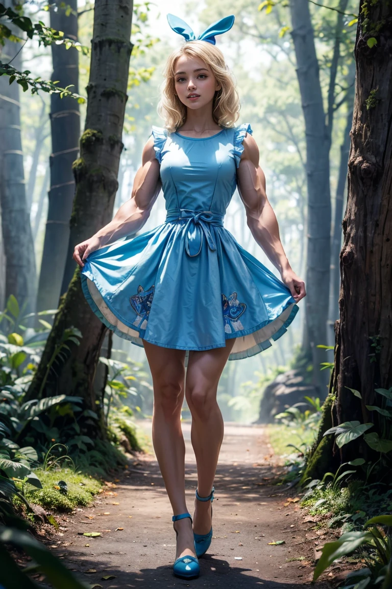 (Muscular:1.8), (thick thighs:1.2), (large round breasts:1), (large muscular chest and shoulders:1), FEMALE, blonde hair, long blonde hair, (big smile:1), (wearing blue cute Alice In Wonderland dress:1.6), looking at viewer, (three quarter view:1.3), upper body view, (forest:1.5), dark lighting, detailed skin, detailed eyes, (clean skin:1.5), (very thin waist:1.6), (huge body muscles:1.6), (one protagonist:1.5),