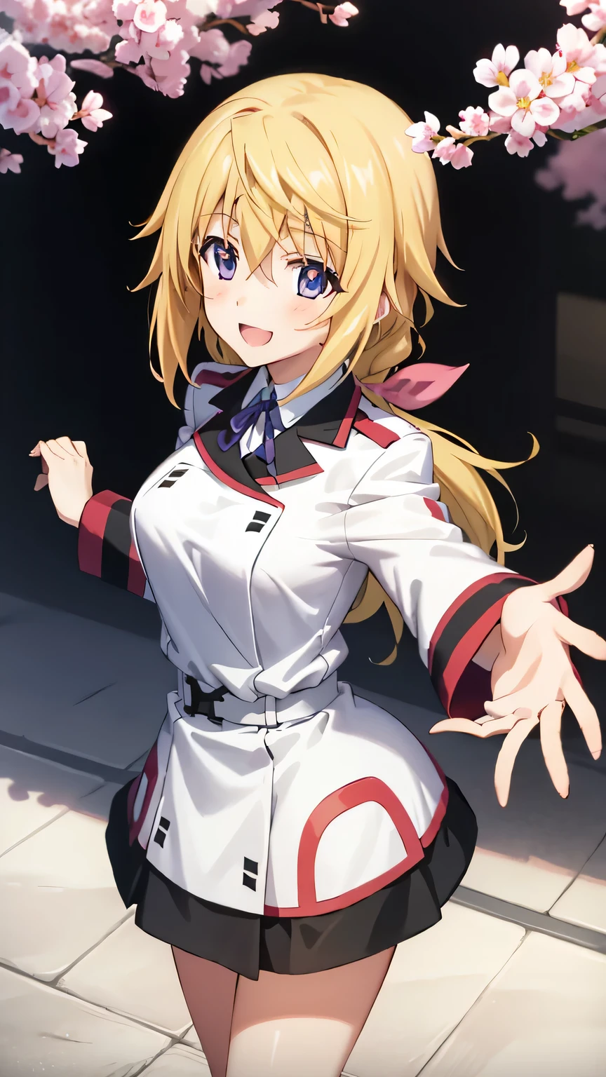 {{{masterpiece}}}, (best quality:1.5), (ultra-detailed:1.5), {illustration}, {{an extremely delicate and beautiful}}, (beautiful detailed eyes:1.6), absurdres, highres, extremely detailed face, 16k, hd, visual anime de uma jovem mulher, extremamente bonito rosto de anime, anime melhor garota, (perfect hands, perfect anatomy), anime face, sd1, charlotte dunois(Infinite Stratos), 1girl, solo, cute face, long hair, blonde hair, pink hair ribbon, hair between eyes, (purple eyes:1.2), ponytail, yellow pendant, medium breasts, big hips, curvaceous, BREAK, {school uniform}, military uniform, (white military uniform:1.5), long sleeves, (white sleeves:1.5), blue neck ribbon, white belt, microskirt, white skirt, barefoot, BREAK, 1girl, solo, smile, open mouth, beautiful anime girl, beautiful art style, close up of breasts, Looking at Viewer, perfect body, outdoor, sky, daytime, public park, sun, (bust shot:1.3), from above, looking at viewer, dance, rotate, fluttering clothes, outstretched arms, Cherry tree, ruanyi0007