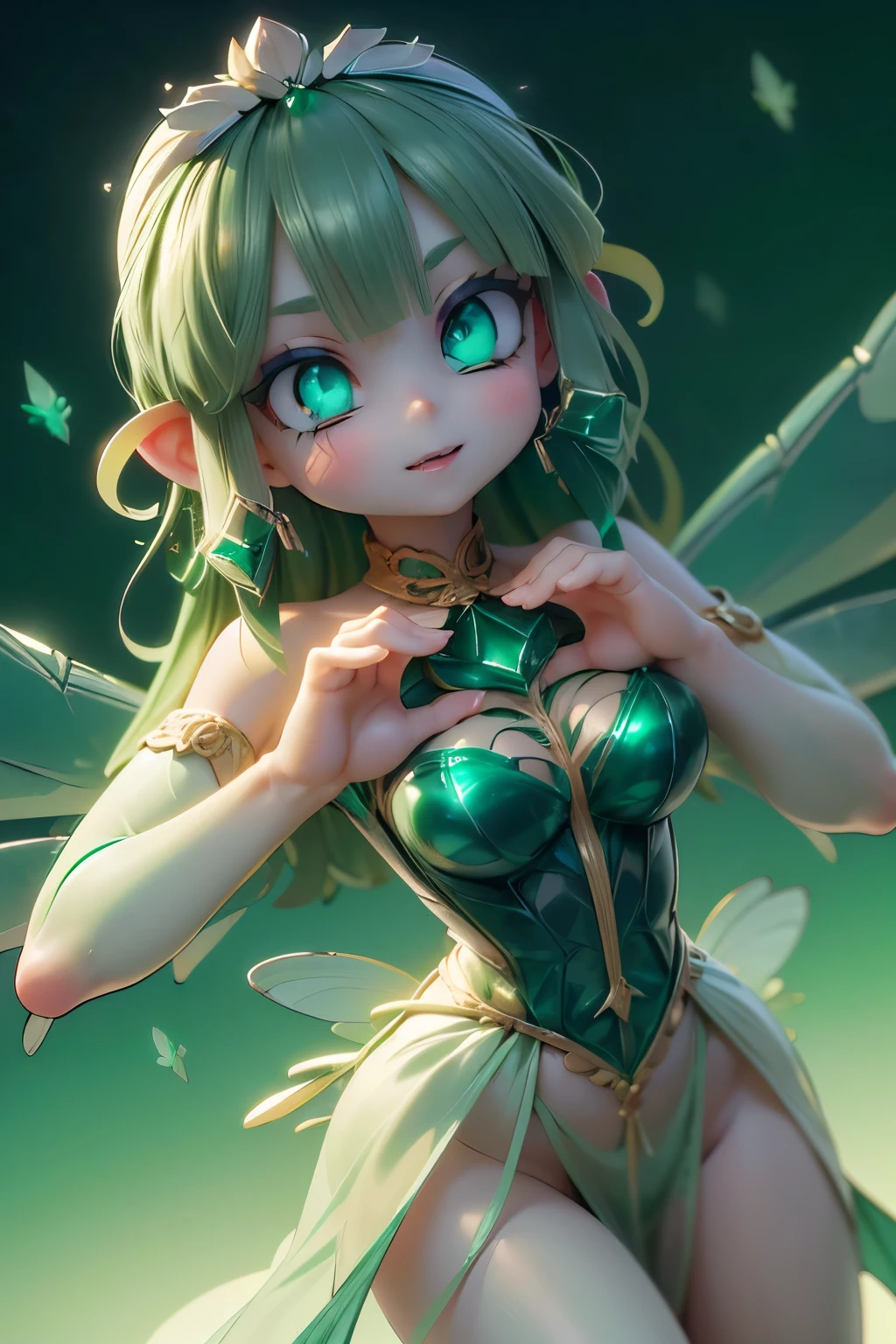 solo,1 Female,cute, cute,small ,Skin color is white,(Succulents Succulents Fairy:1.5),(Mysterious fairy:1.5),(An accurate and perfect hand:2.0),(Anatomically Accurate Hands:2.0),( ballerina pose :1.5),(Emerald Green Jewel-like Eyes:2.5),(Glittering Highlights Reflected Light:2.0),(Background is a Blue Sky and Beautiful Fresh Green Forest:1.5),(Yellow-green shiny semi-long hair:1.2),(is smiling:1.2),(with large transparent Dragonfly and agave wings growing on its back:1.7),(beautiful luxurious dress like metallic green Succulents:1.5),big cute smile,(Dragonfly's Beautiful Wings on Her Back:1.5),[Dragonfly Wings:1.5],(The background is a blue sky, beautiful fresh greenery, and an agave forest:1.5),(8k,very detailedCGユニットのwallpaper, masterpiece,high resolution, real texture skin,surrealistic,increase resolution,RAW photo,best quality,very detailed,wallpaper,Movie Lighting, Raytrace ,face close-up,(Face Light:2.0),(Increase overall color saturation:2.0),(cowboy shot:1.5), Frontal lighting ,
