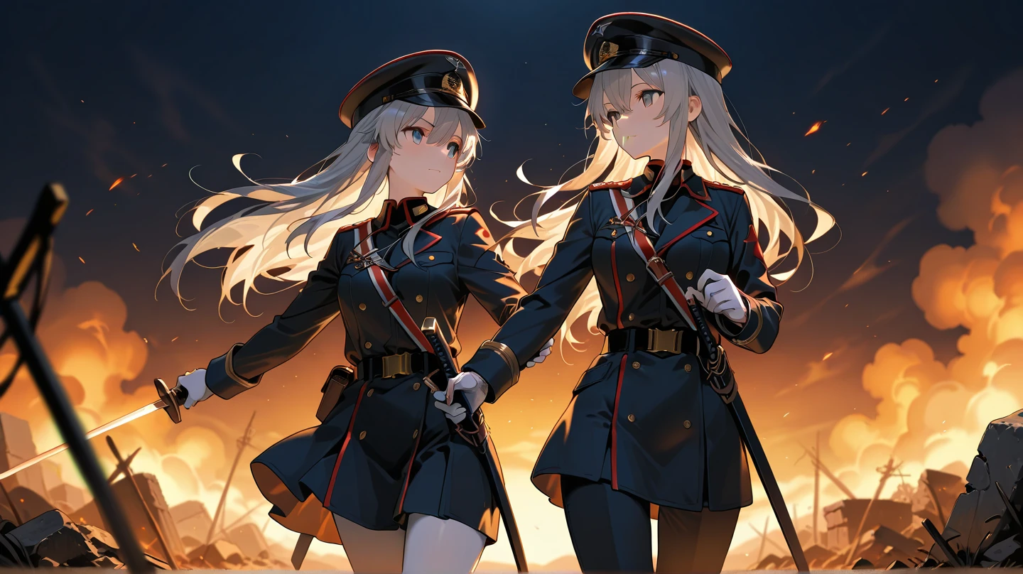 German black military uniform,schoolgirls,silber hair,Holding a Mosin-Nagant rifle in his left hand,sideface,Iron Cross emblem,High ponytail,Black eye patch,Gold eyes,serious-expression,similar《Battle of the Maidens》,((best qualtiy))