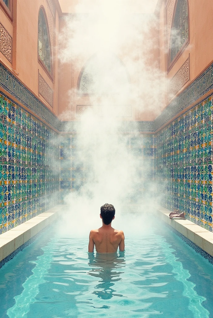 (Photo of Moroccan guy), muscles, dimples, sexy, alluring, gorgeous eyes, wet body, ((Moon view)), (riad jacuzzi), swimming, sitting, (clear hotsprings), (steam), (steamy hot), opalescent, Photoluminescence, fantasy, clear, Cinematic RAW photo, hyper real photo, ultrarealistic, dslr, soft lighting, high quality, reflections, photo, (sparkling) splashing, glistening, (iridescent), glimmering, dripping, misty, mystical, enchanting, glittering, (masterpiece) (best quality) (detailed) (8k) (HDR) (cinematic lighting) (sharp focus) (intricate), bioluminescent, epic and stunning, celestial, candles, romantic, (Ouarzazate), ((Marrakech)), flowing, glistening, melting, shimmering, (masterpiece) (best quality) (detailed) (8k) (HDR) (wallpaper) (cinematic lighting) (sharp focus) (intricate), exotic lights, Moroccan candles, Ouzoud waterfalls, palm trees, floating flowers, Fujifilm XT3, photographed on a Kodak Retina II Sanyo Xacti VPC-CA6, 50mm lens, HDR, hyper-realistic, colorgraded, pink roses