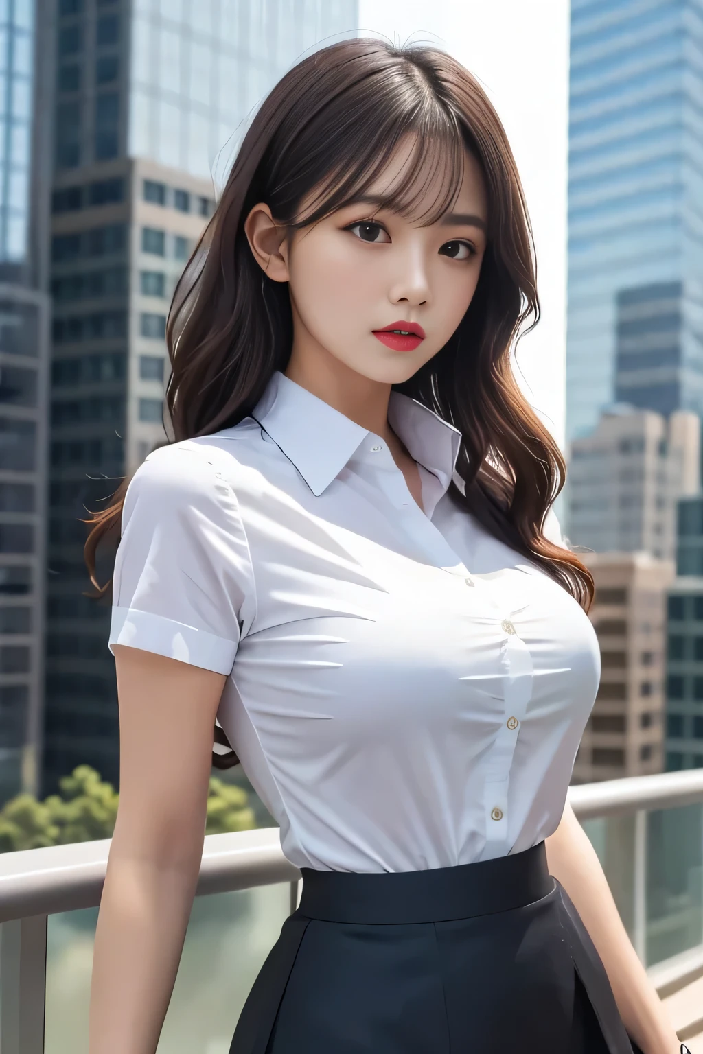 upper body, close-up.
High-resolution, photo-realistic images, masterpiece, looking at the viewer,
Super beautiful girl, closed mouth, staring at the viewer,
Glamorous body, charm, wavy hair, red lips,
Tight-fitting business shirt, just-fitting short sleeve, high-waist pencil skirt, (shirt tucked into skirt:1.5),
Office district, skyscrapers in the background.