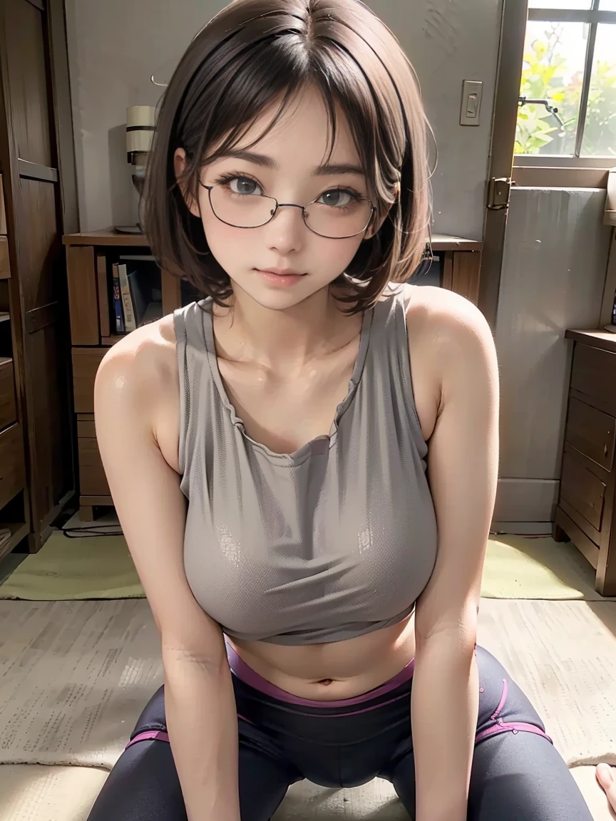 1 girl, 18 years old busty woman running, eye glasses, bob hairstyle, greenish park background, light pink blush, dark skies, sunset, white tank top, white loosen tank top, cleavage showing, boxer shorts, legs,