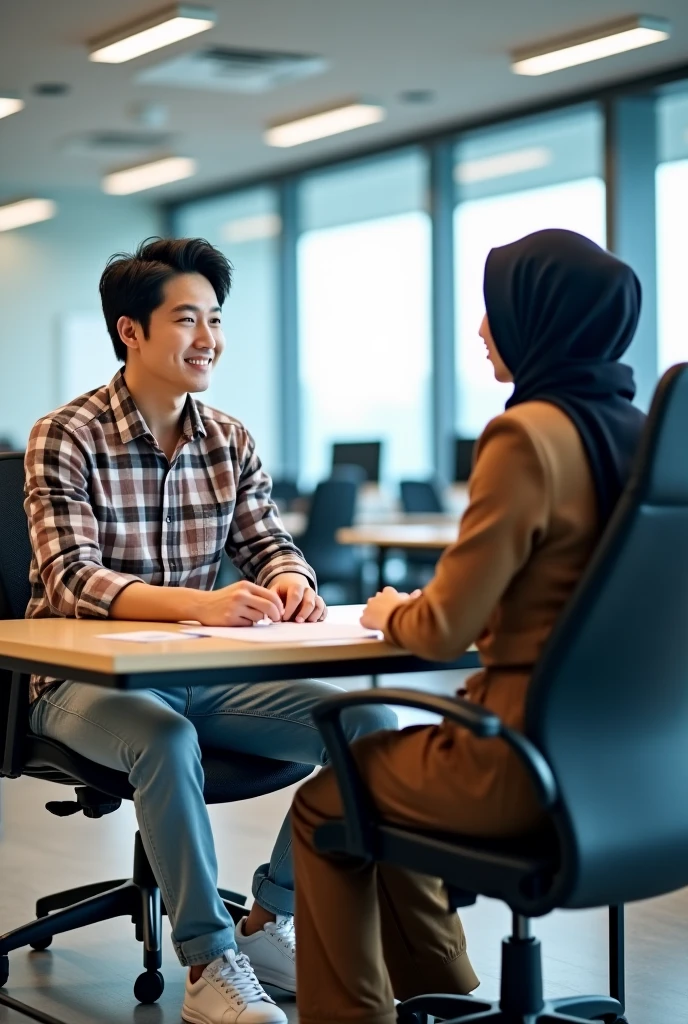 A young Indonesian man is working online in an aesthetic workspace, wearing glasses, Accompanied by his wife wearing a Muslim hijab, His wife is standing beside him, His wife is holding his shoulder, facing backwards, The laptop screen is visible
