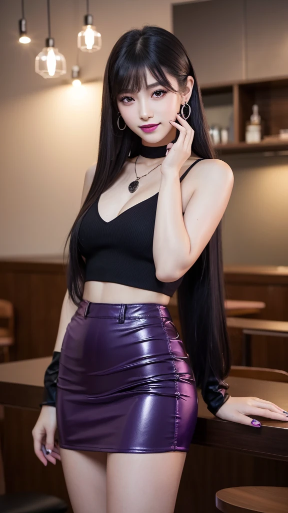 (8K, Top Quality, Masterpiece: 1.2), (Realistic, Photorealistic: 1.37), Ultra HD, Final Fantasy VII Remake's Tifa Lockhart sitting on a date in a highly detailed café in a cityscape A detailed portrait with beautiful detailed eyes and a blushing nose that makes you look cute and solo. She wears single elbow pads, ankle boots, a black skirt, black thigh-highs, red boots, and elbow gloves, elbow pads, and fingerless gloves. Her outfit includes a sports bra, suspender skirt, thigh highs, and a white tank top. The full body is visible with the head resting on the hand, revealing a pretty face, long hair tied low, and lips. The scene is lit with professional lighting, photon mapping and radiosity, creating a cyberfuturistic atmosphere in the style of Tetsuya Nomura. The background features yellow flowers and a bokeh effect. Tifa smiled a little and closed her mouth.
