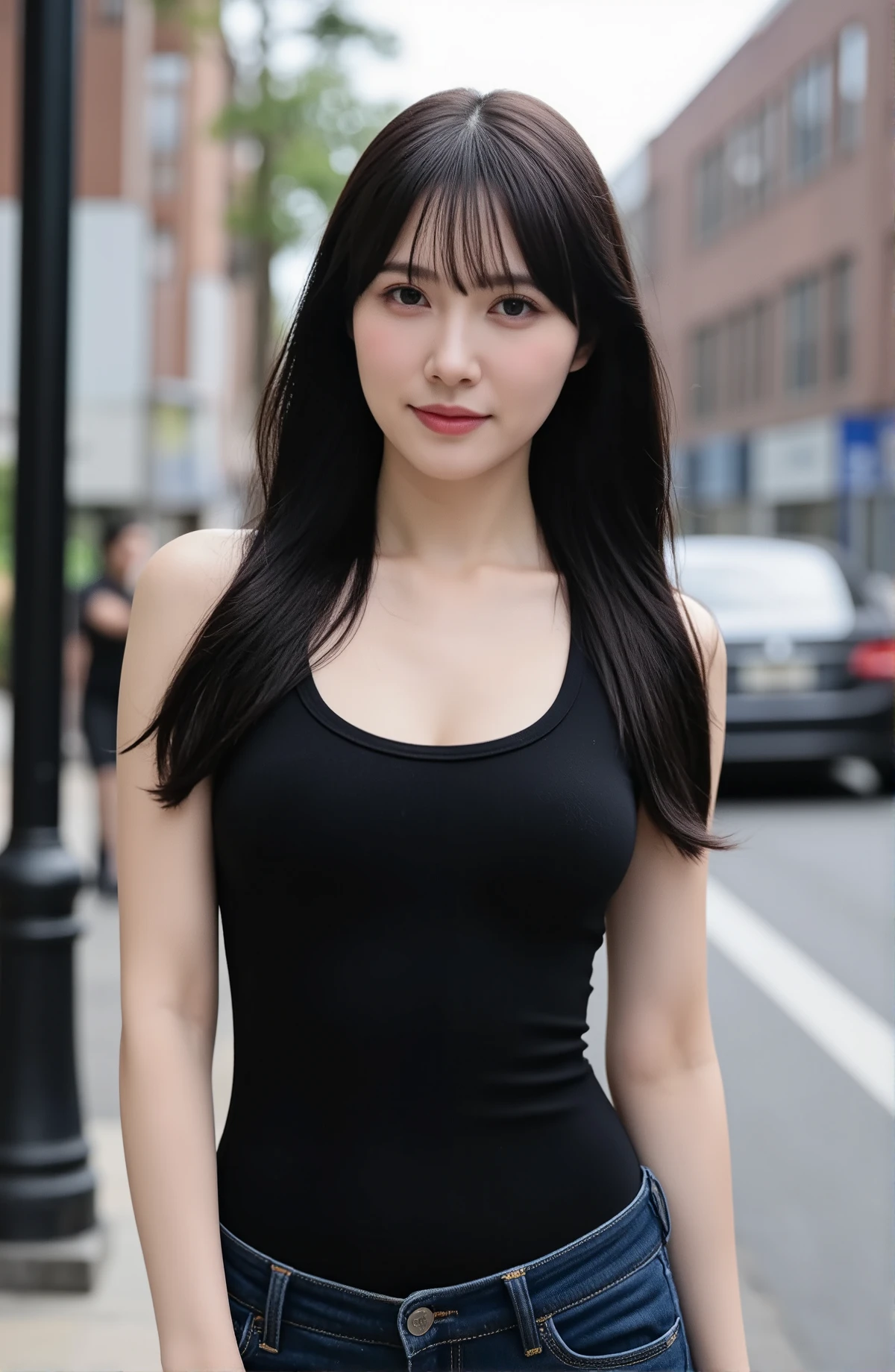 (mature adult woman wearing a leotard1By people),beautiful black hair,super straight hair,With bangs,((Fluttering Hair)), realistic person images in dark waters,Realism,Best Quality,mastepeice,Best Quality,best image quality,highest resolution,fine details,Beautiful detailed face,black eyes,((realistic skin)),detailed background,( Exact Upper Body),(perfect upper body),(((upper body))),((Realismのある肌)),(smiles),(((super big ))),(((((Wear jeans))))),(((((wear a tank top))))),(((Standing and walking down the street))),((((Large breasts))),((((walking through the office district)))),((((Walking through the office district)))),