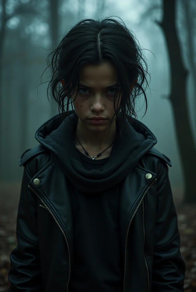 10K, Nat Zang, Teen Wolf, 18 years old, short messy black hair, slim muscular build, blue eyes, military vest, black short sleeve shirt, dark black, black hunter belt, light brown combat boots, pendant crow, black fingerless gloves forest background with fog