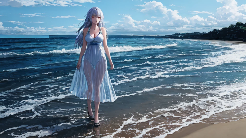 An elegant Tsunadere wifu anime girl with white hair and red eyes, possessing a large and beautiful body, acting as a model. She wears only a transparent white bikini, situated on a beach with other people in the background. The scene demands high quality and high resolution, portraying the character in a full body shot. The art style should embrace a 3D anime aesthetic, creating a beautiful masterpiece. Consider the beach environment, surrounding people, and emphasize the photorealistic details in rendering.