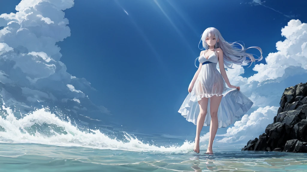 露肉Long hair,woman,White hair,Dark green hair,White clothes,People standing on the water,,Shallow beach,Stream,field,Looking up,Realistic skin,Perfect anatomical structure, Deep blue eyes,Original hairstyle, Dynamic Angle,Bare belly,Large Breasts, Big Ass, Thin waist, Long hair,Good lighting,