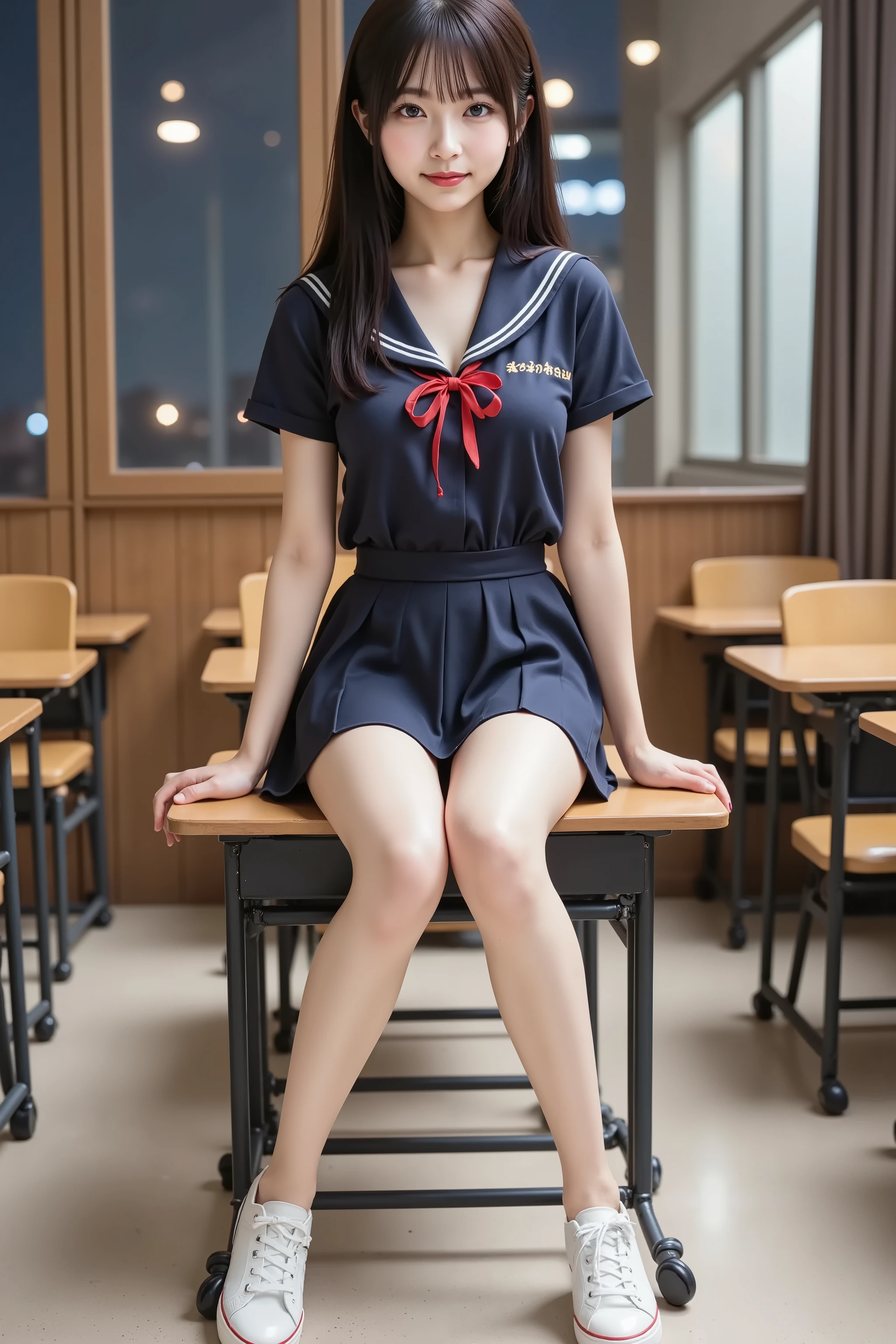 misaki, huge breast, Cleavage, ultra-realistic digital illustration of a slender young woman sitting on top of a wooden classroom desk, facing forward. She is shown in a tight medium shot from the top of her head to just above her knees. Her face and entire head are fully visible and centered within the frame. Her black hair is long, tied loosely behind her head, with two strands hanging down each side of her face. She is wearing a Japanese high school uniform consisting of a dark blue sailor-style top with a white collar and a red ribbon tied at the chest, along with a pleated navy-blue mini skirt. Her shoulders and upper chest are covered by the uniform. The skirt reveals her bare legs from the mid-thigh down. She is not wearing socks or shoes. Her arms are relaxed, with one resting beside her on the surface of the desk, and the other placed lightly on her thigh. She sits with her legs slightly turned, but still clearly within the framing of the image. The desk has a flat wooden surface and a small metal frame visible below it. Behind her is a large rectangular window divided into multiple glass panels. The window is closed. The outside view is blurred, showing only nighttime city lights and dark sky through the glass. Curtains are partially drawn to the sides. The classroom contains rows of empty wooden desks and chairs. The floor is polished linoleum with visible light reflections. The lighting in the room is artificial, coming from ceiling lights out of frame. There are shadows on the floor and parts of the wall. Her figure is well-lit. There are no other people in the room. There are no decorations, posters, or any additional items on the desk or walls. The framing includes part of her upper body, skirt, and bare legs. Her face is neutral, eyes directed forward. The entire figure is clear and nothing is cut off by the edges of the image. The background remains in focus and the perspective aligns with a camera at seated eye level. The entire composition