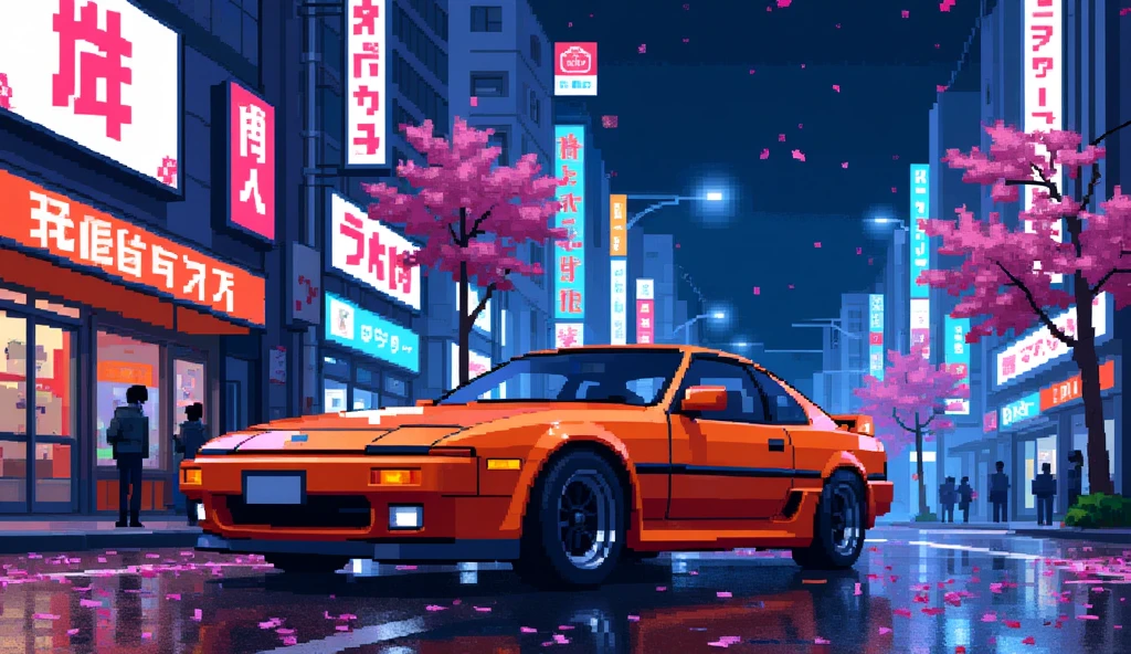 A pixel art scene of a vibrant Tokyo street at night, bathed in neon blues, purples, and pinks. A classic orange Toyota Supra MK4 is parked under a glowing streetlight, reflecting city lights on its sleek hood. Cherry blossom petals drift gently in the air, adding a serene touch. In the background, retro-style billboards with Japanese kanji characters flicker, and light rain creates shimmering reflections on the wet pavement. The mood is nostalgic, evoking the warmth of a lo-fi beat playing through an old cassette deck.