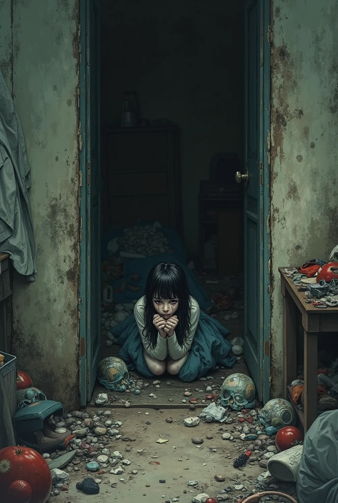 dark scene, long shot, a group of little babies and fetus in a dirty floor, dirty dark walls, dark and gross room, horror scene, darkness, terrific, bloody, dirty, dark mood, suffering, pain