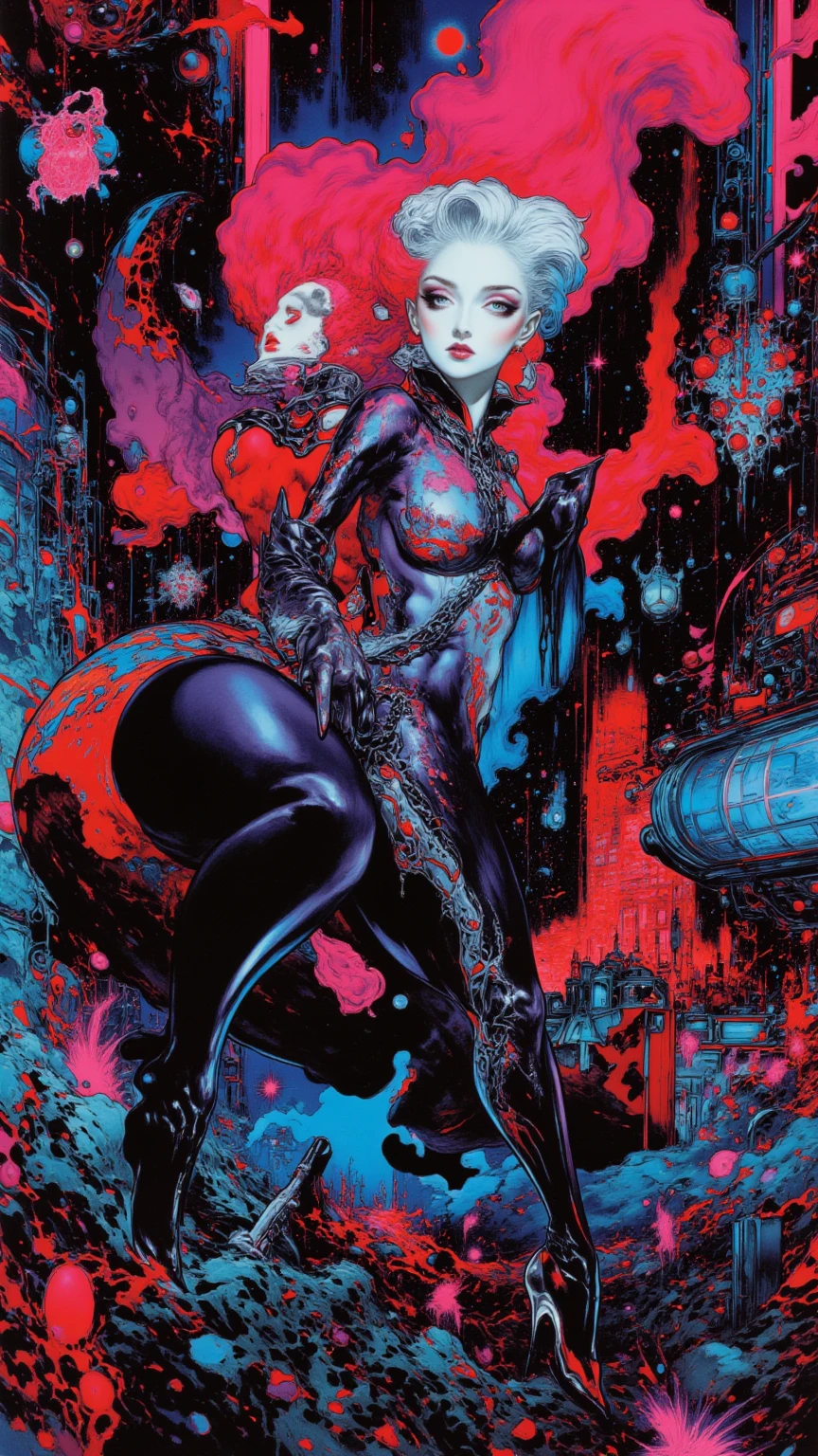 adult magazine, Rated R, nsfw, sexy female cyborg, magazine cover, poster art , Lovecraftian creatures around, queen of monster, hint of vibrant, bold huge text, matted design layout, glamorous photoshoot, with bold and stylish typography, create an otherworldly and captivating visual experience.