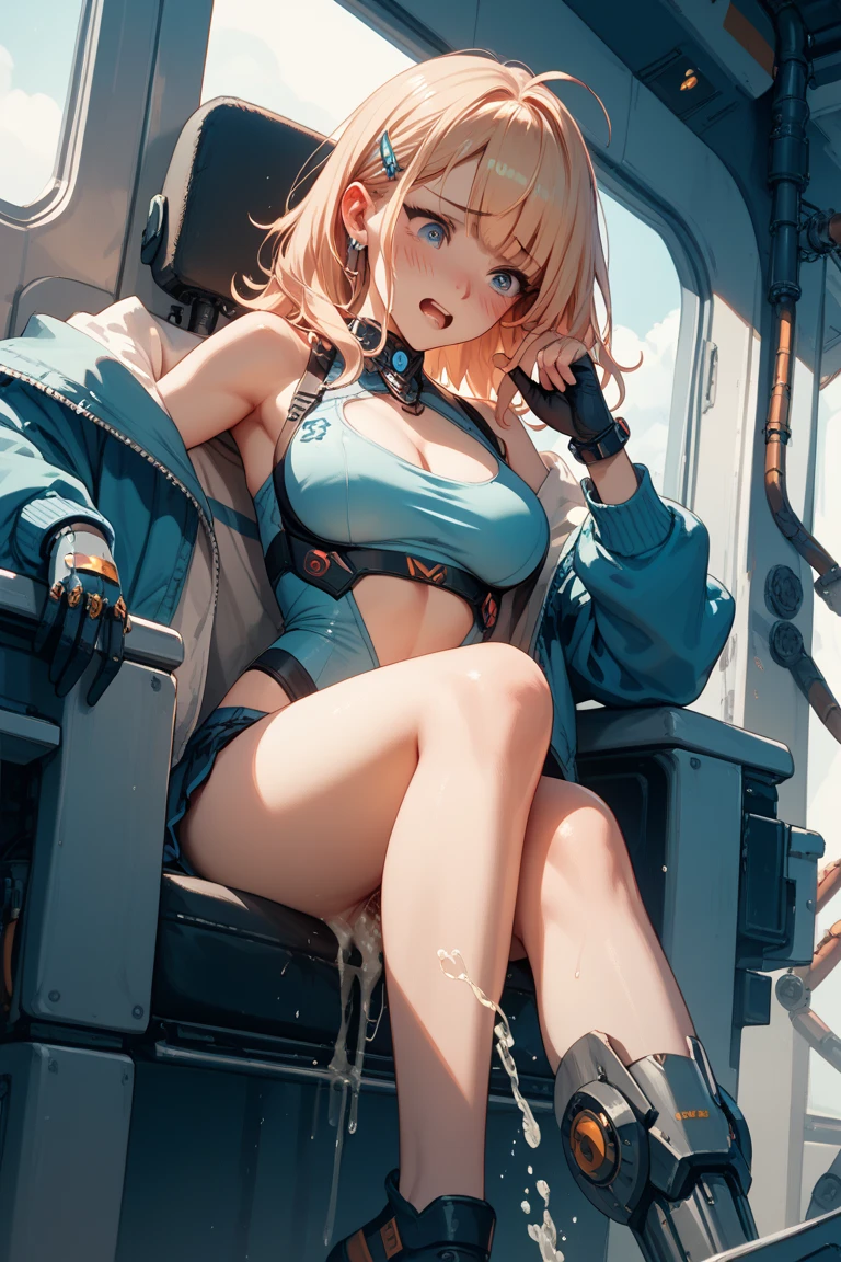 A blond young sexy woman with short hair and hot clothes sits on a seat in a spaceship and the window can show beautiful staras