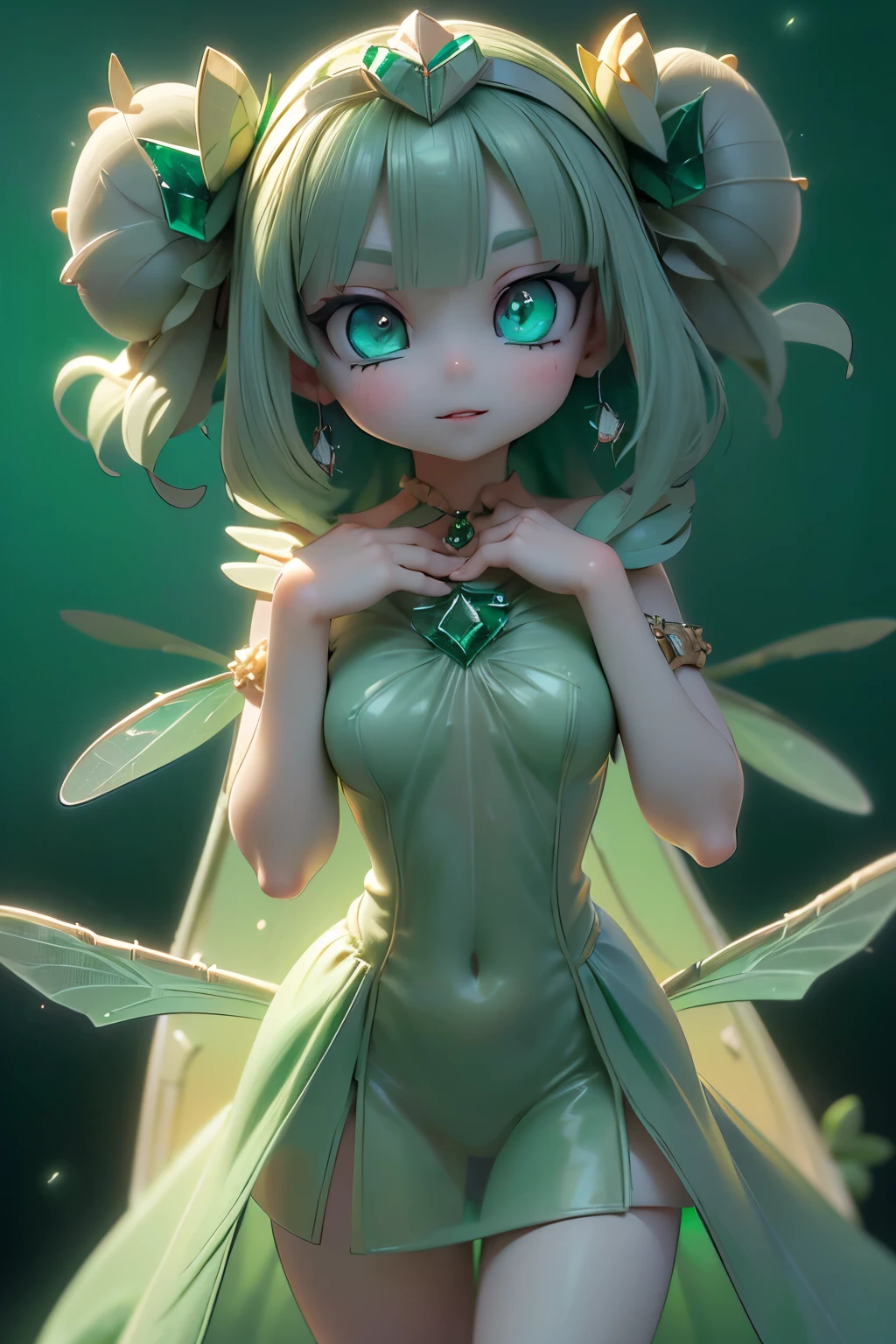 solo,1 Female,cute, cute,small ,Skin color is white,(Succulents Succulents Fairy:1.5),(Mysterious fairy:1.5),(An accurate and perfect hand:2.0),(Anatomically Accurate Hands:2.0),( ballerina pose :1.5),(Emerald Green Jewel-like Eyes:2.5),(Glittering Highlights Reflected Light:2.0),(Background is a Blue Sky and Beautiful Fresh Green Forest:1.5),(Yellow-green shiny semi-long hair:1.2),(is smiling:1.2),(with large transparent Dragonfly and agave wings growing on its back:1.7),(beautiful luxurious dress like metallic green Succulents:1.5),big cute smile,(Dragonfly's Beautiful Wings on Her Back:1.5),[Dragonfly Wings:1.5],(The background is a blue sky, beautiful fresh greenery, and an agave forest:1.5),(8k,very detailedCGユニットのwallpaper, masterpiece,high resolution, real texture skin,surrealistic,increase resolution,RAW photo,best quality,very detailed,wallpaper,Movie Lighting, Raytrace ,face close-up,(Face Light:2.0),(Increase overall color saturation:2.0),(cowboy shot:1.5), Frontal lighting ,