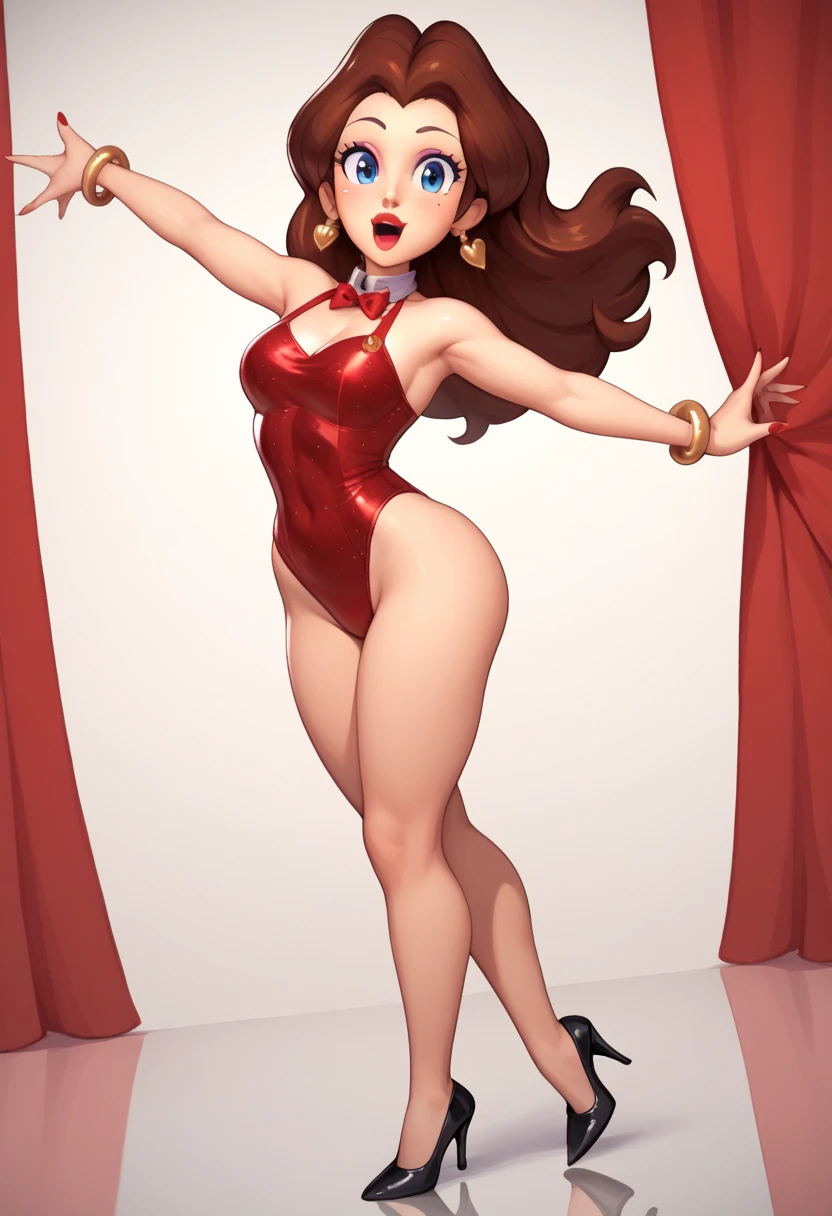 Ada, short black hair, brown eyes, red dress, bare shoulders,cleavage,collarbone,black choker,black panties, looking at viewer, serious, smiling, standing, split, holding leg, inside fancy room, book shelf, dark, soft lighting, high quality, masterpiece, <lora:AdaWongCL-10:.8> <lora:StandingSplitPresenting:1>