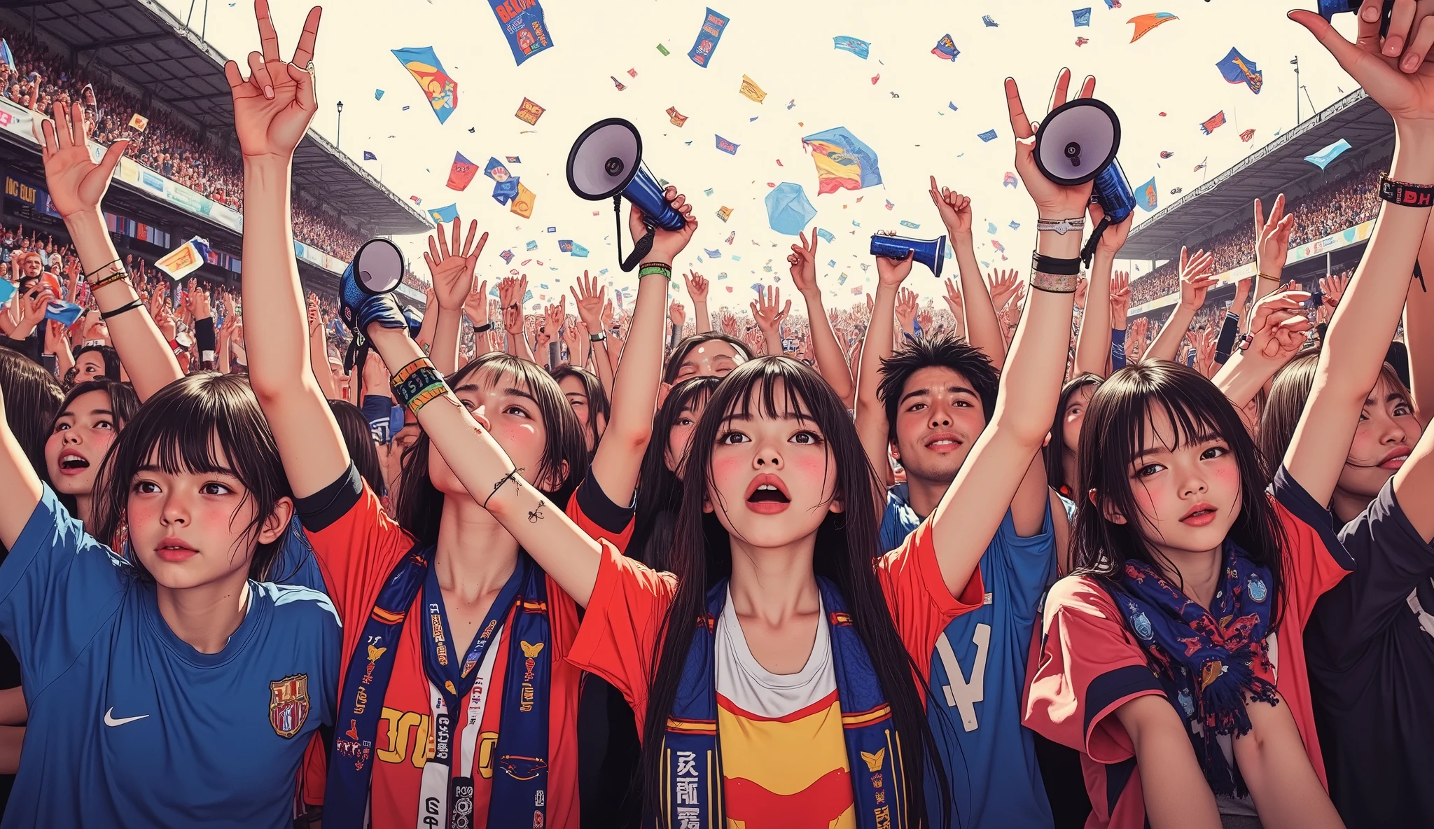 (Children's Day illustration), Three girls in casual sportswear raise their hands and cheer on the football field, It is bright and warm, Surrounded by streamers and balloons, And the crowd cheers. Text takes up a small portion of the image.